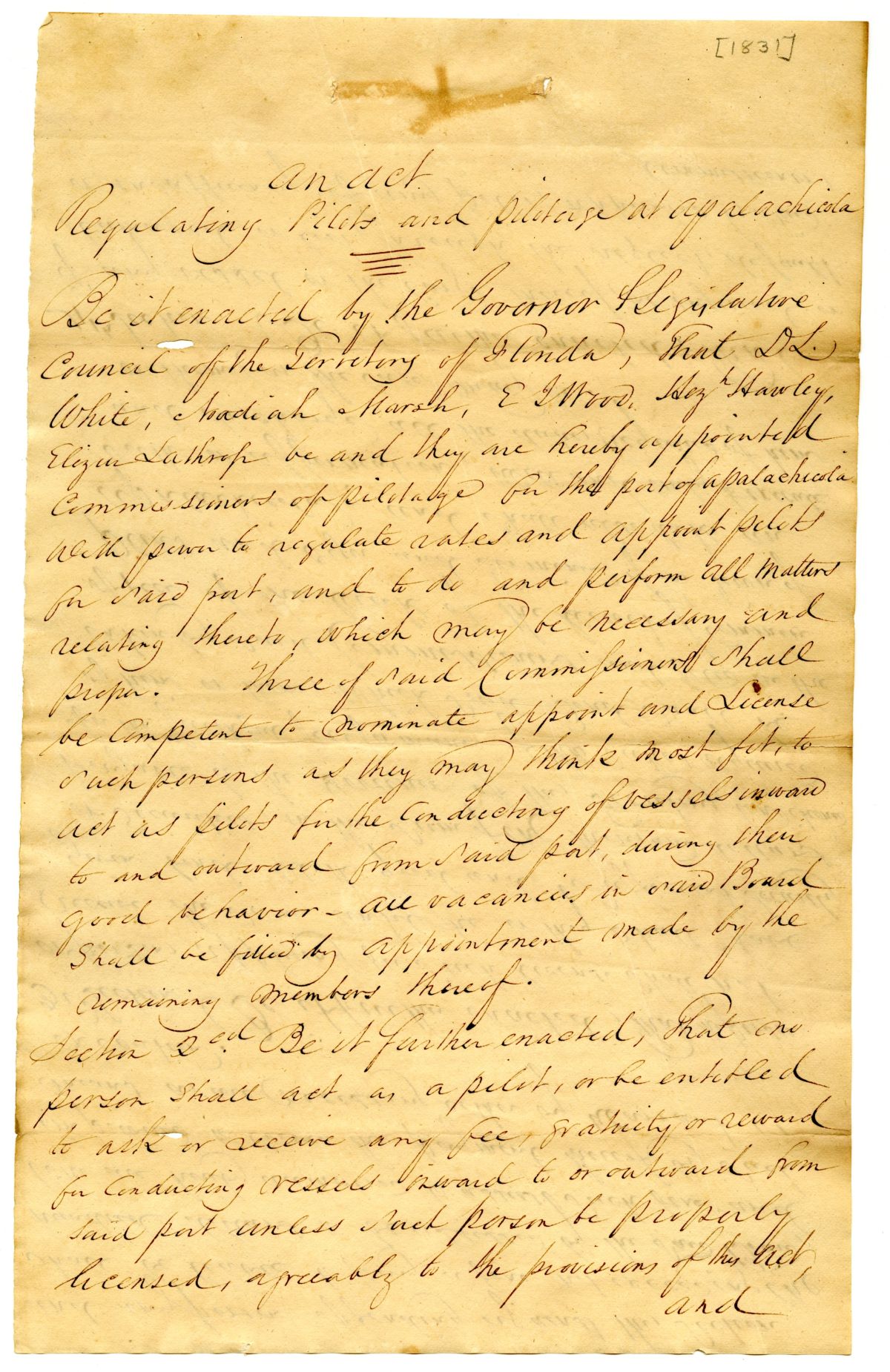 Draft of an Act Regulating Pilots and Pilotage at Apalachicola, 1831