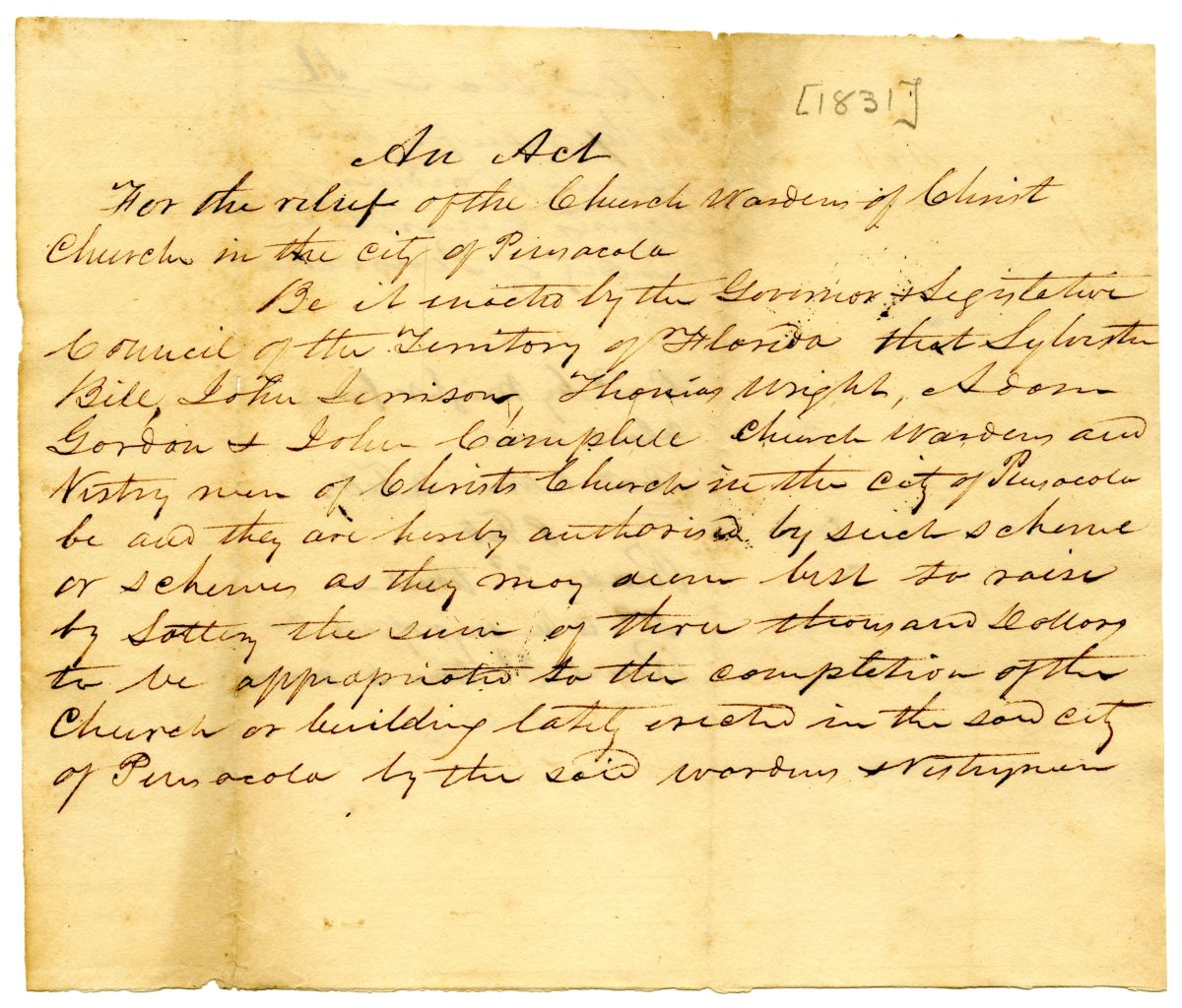 Draft of an Act for the Relief of the Church Wardens of Christ Church in the City of Pensacola, circa 1831