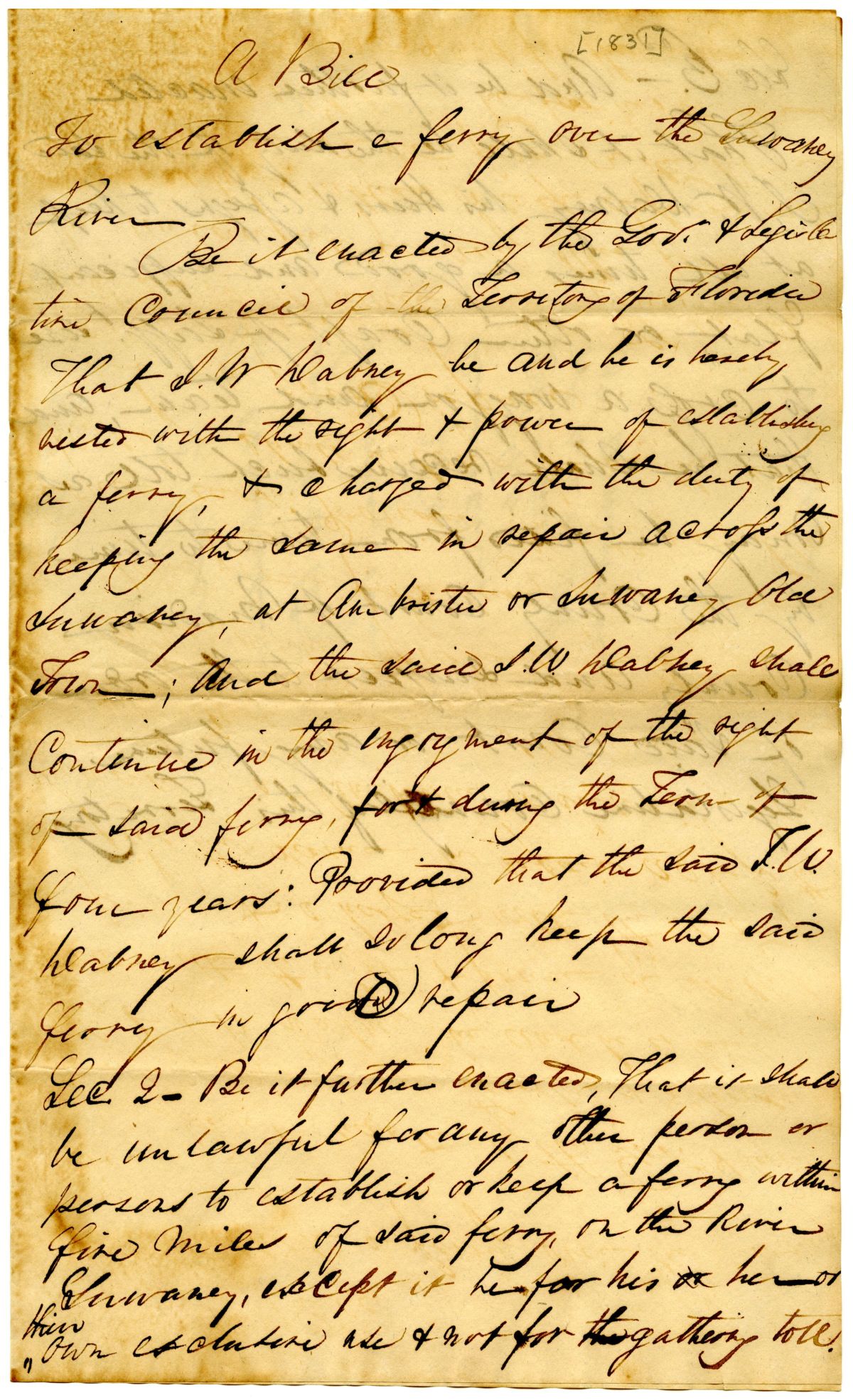 Draft of an Act to Establish a Ferry over the Suwannee River, 1831