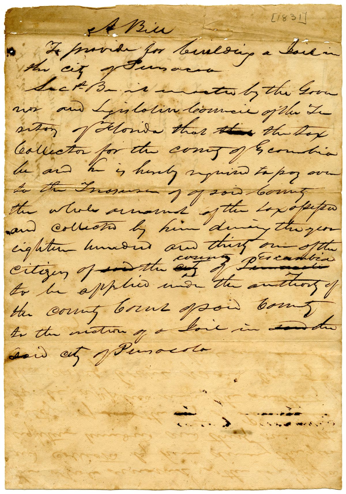 Draft of an Act to Provide for the Building of a Jail in the City of Pensacola, circa 1831