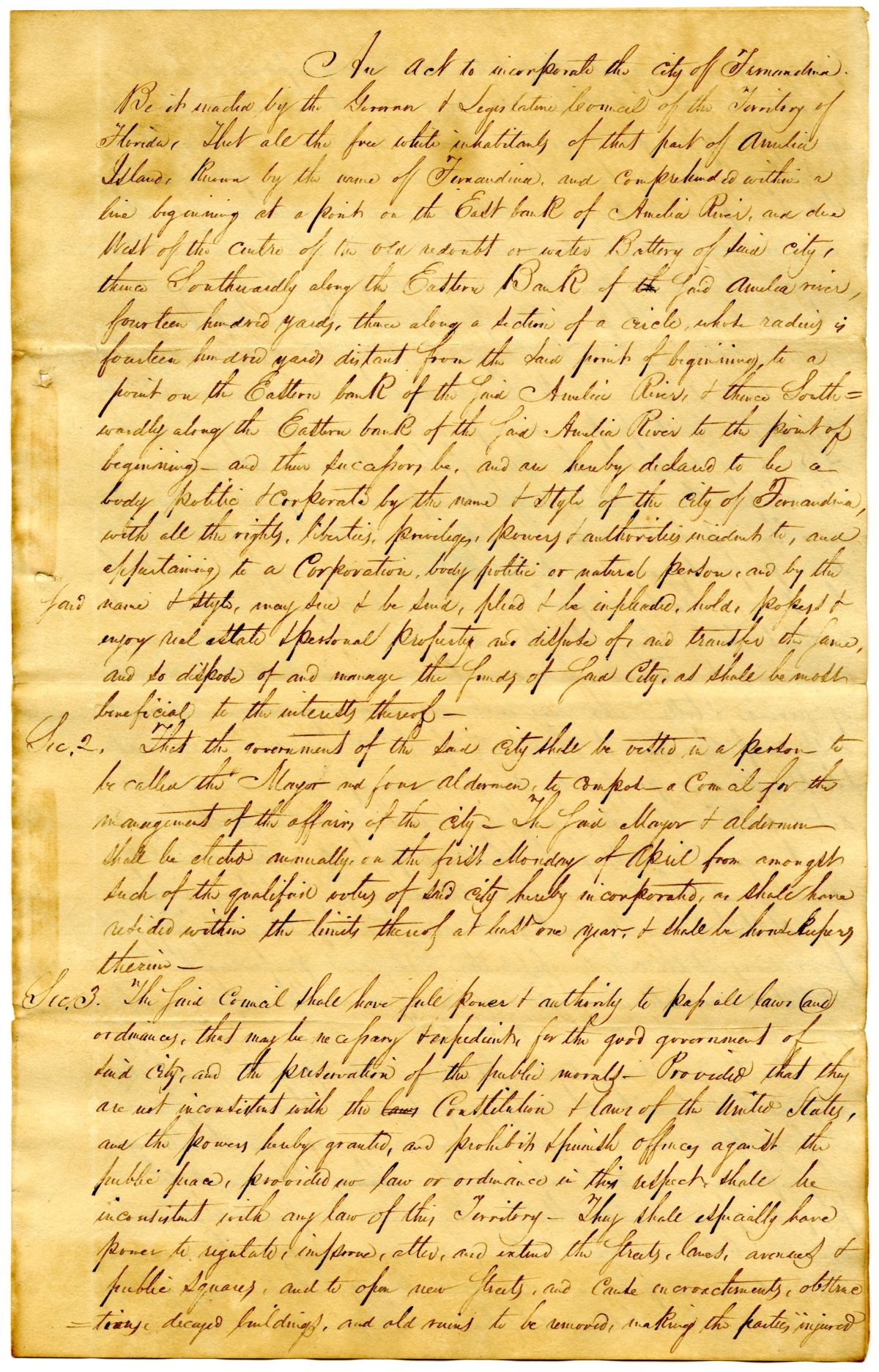 Draft of an Act to Incorporate the City of Fernandina, 1831