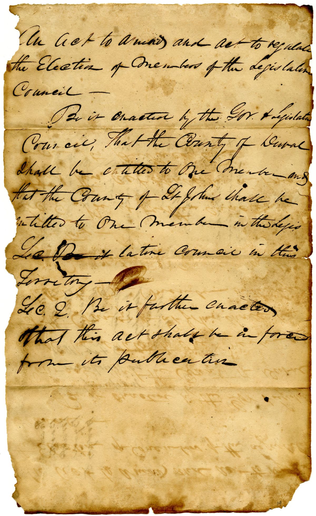 Draft of an Act to Amend an Act to Regulate the Election of Members of the Territorial Legislative Council, circa 1831