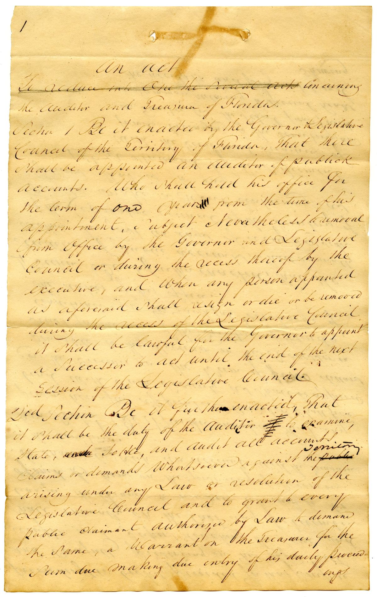 Draft of an Act Concerning the Auditor and Treasurer of Florida, 1831