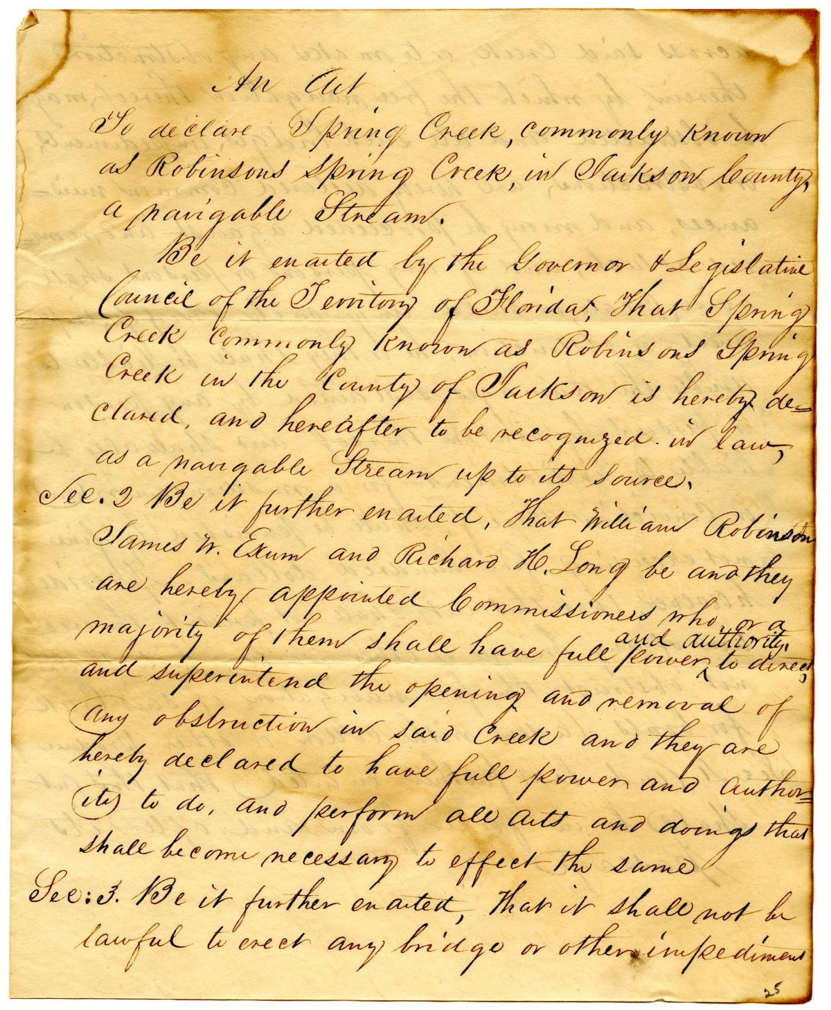 Draft of an Act to Declare Spring Creek in Jackson County a Navigable Stream, 1831