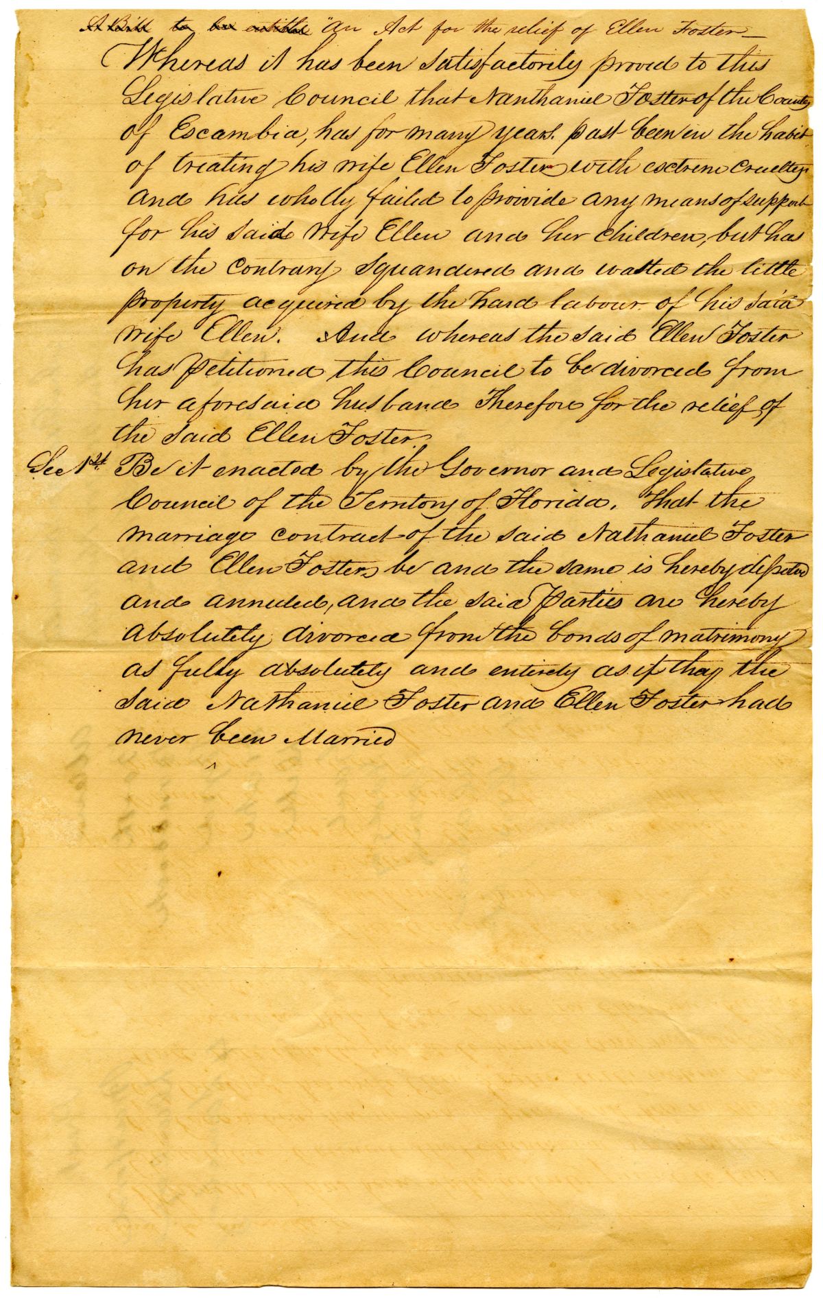 Draft of an Act to Divorce Ellen and Nathaniel Foster, 1831