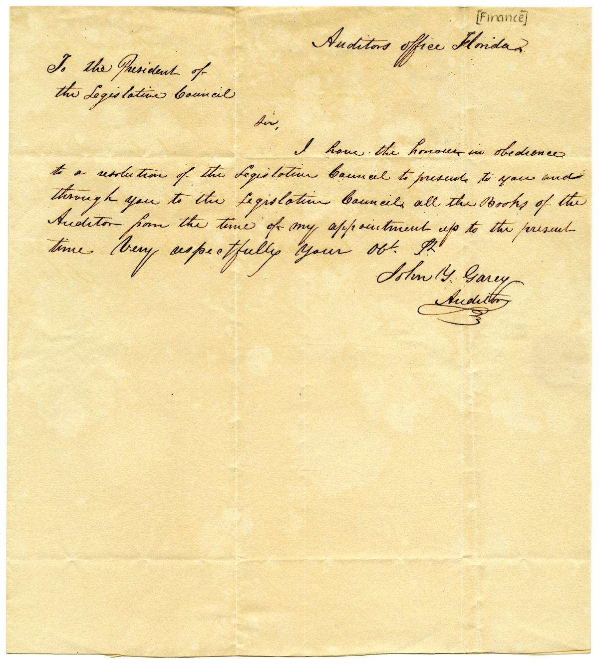 Letter to the President of the Territorial Legislative Council from Territorial Auditor John Y. Garey, circa 1831