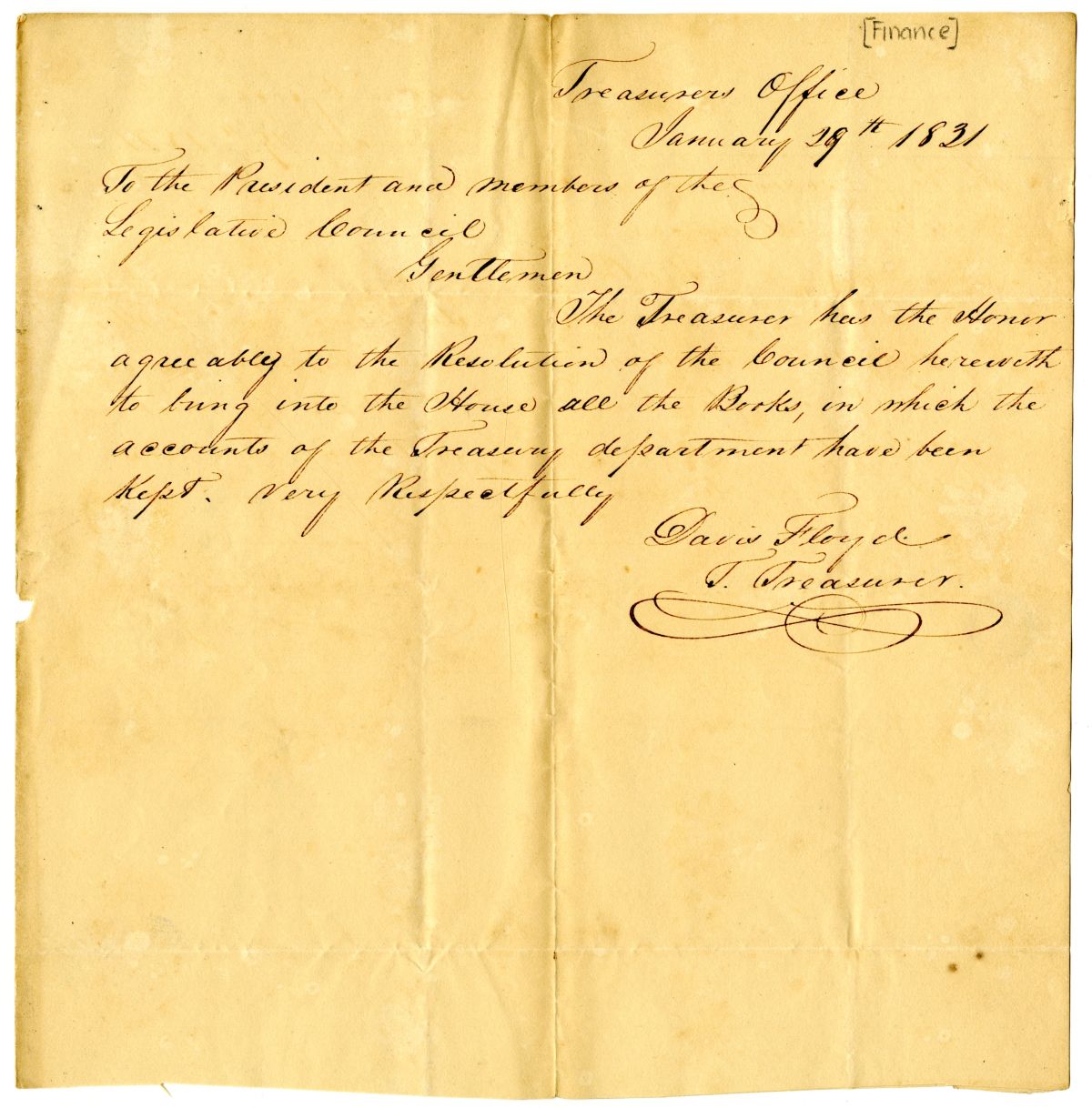 Letter from Territorial Treasurer Davis Floyd to the President of the Territorial Legislative Council, 1831