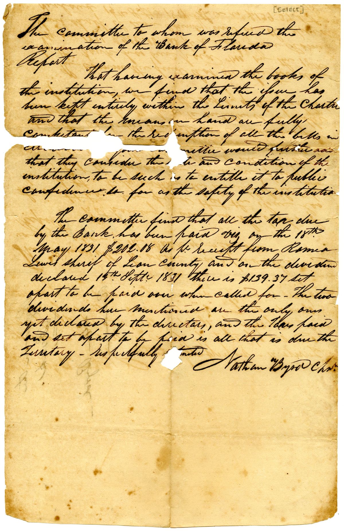 Report of the Committee Reviewing the Examination of the Bank of Florida, 1831