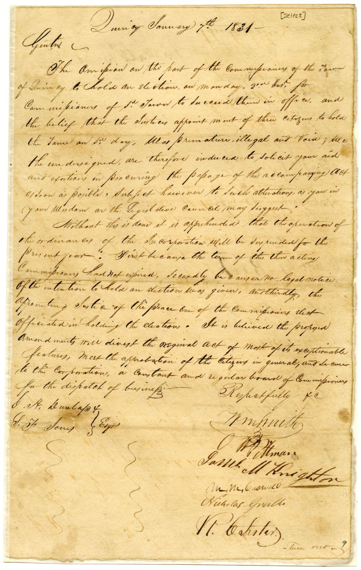 Petition of Citizens of Quincy Requesting Amendments to the Town Charter, 1831