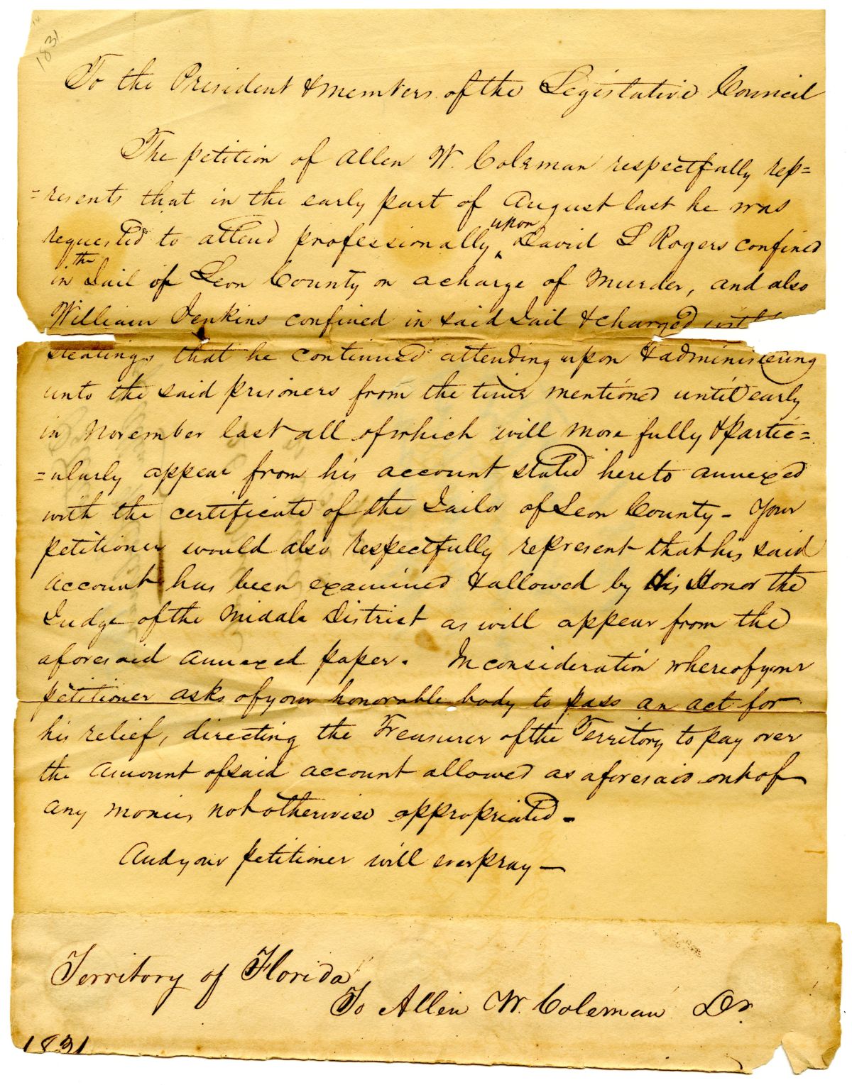 Petition of Dr. Allen W. Coleman Requesting Reimbursement with Supporting Affidavit, 1831