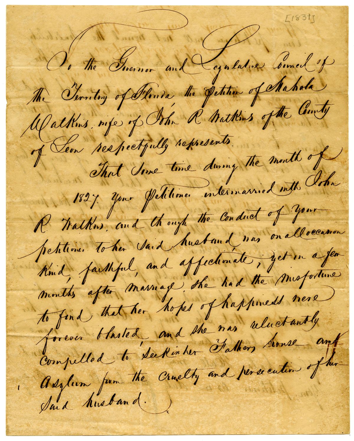 Divorce Petition of Mahala Watkins, circa 1828