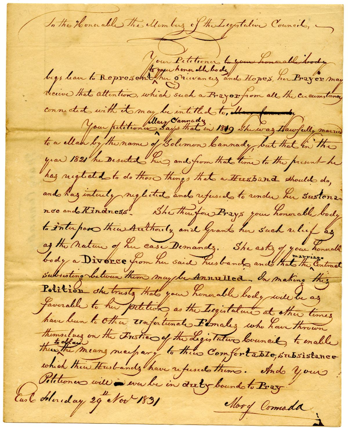 Divorce Petition of Mary Cannady with Supporting Affidavit, 1831