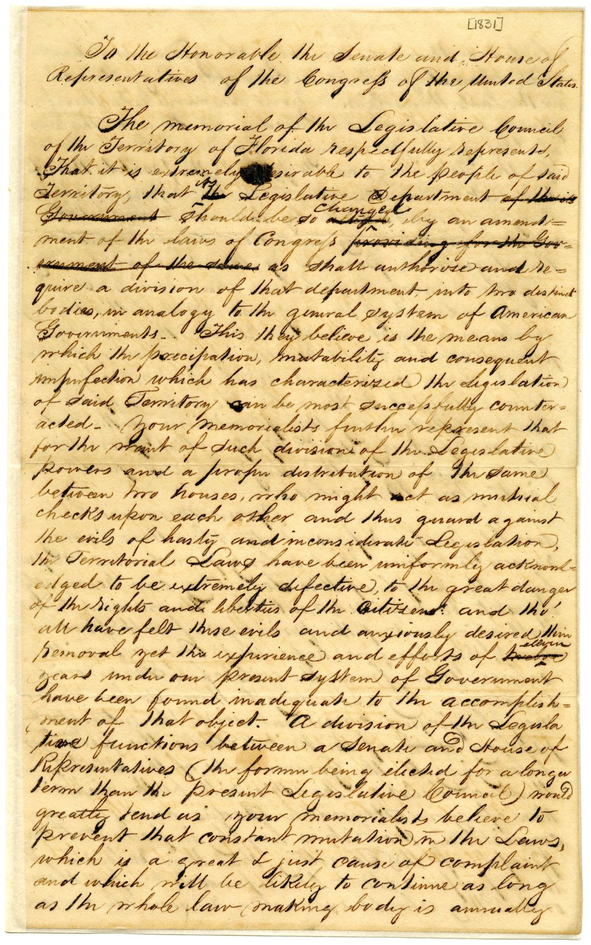 Letter from the Territorial Legislative Council to Congress Requesting an Amendment to the Organic Law Concerning Florida, circa 1831