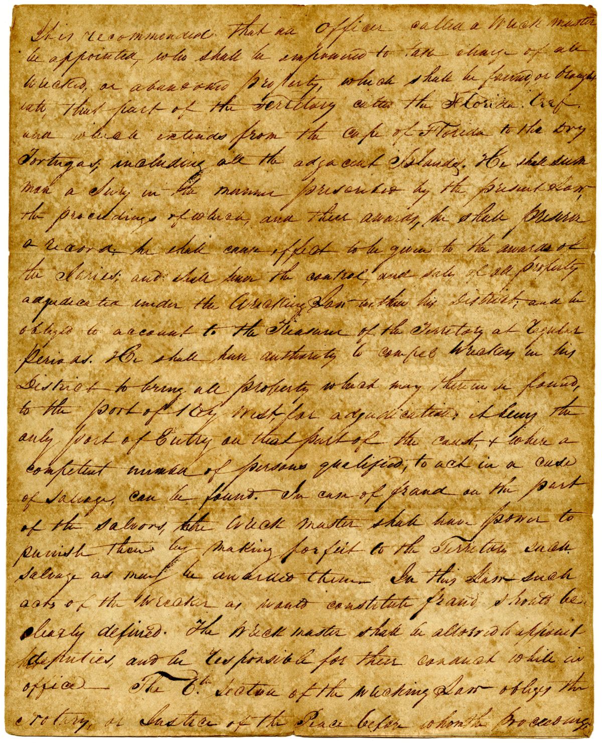 Unsigned Draft of a Letter Recommending that the Territorial Government Appoint a Wreck Master, circa 1832