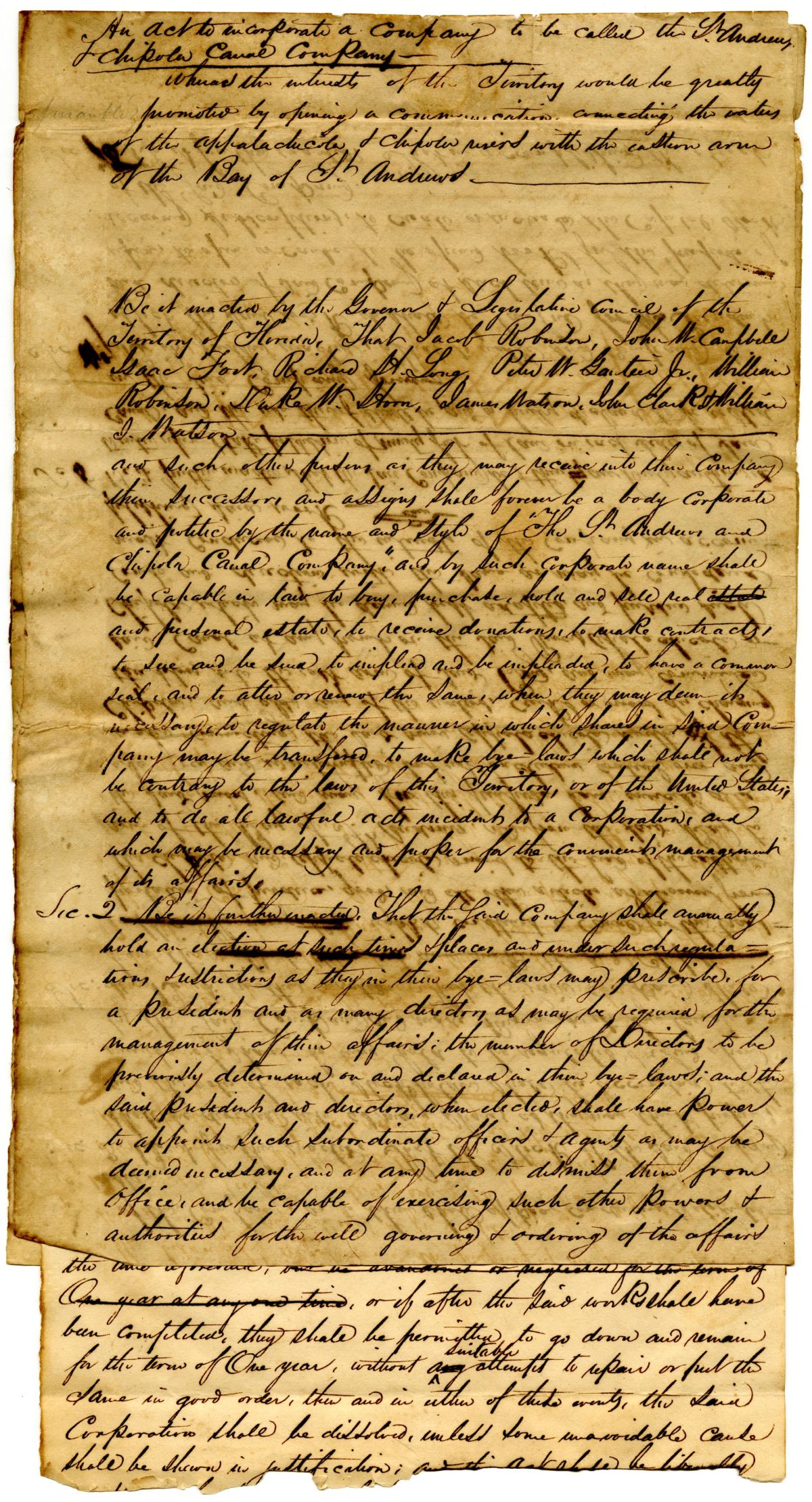 Draft of an Act to Incorporate the Saint Andrews and Chipola Canal Company, 1832