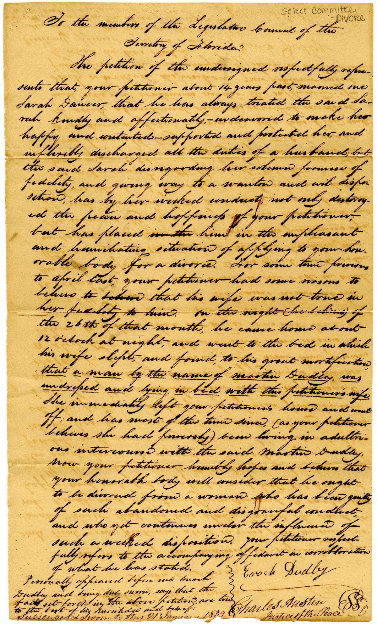 Divorce Petition of Enoch Dudley, 1832