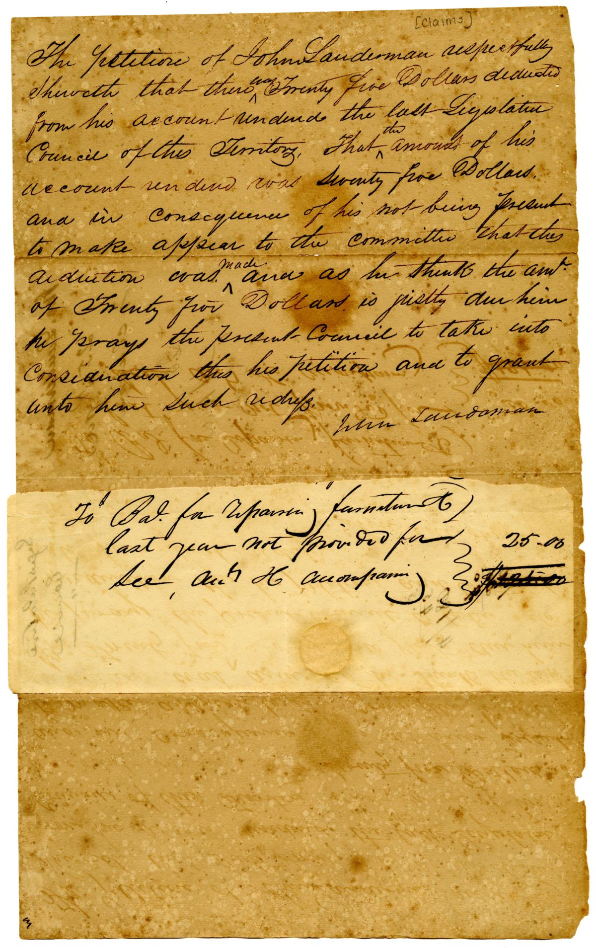 Petition of John Lauderman Requesting Twenty-Five Dollars, circa 1832