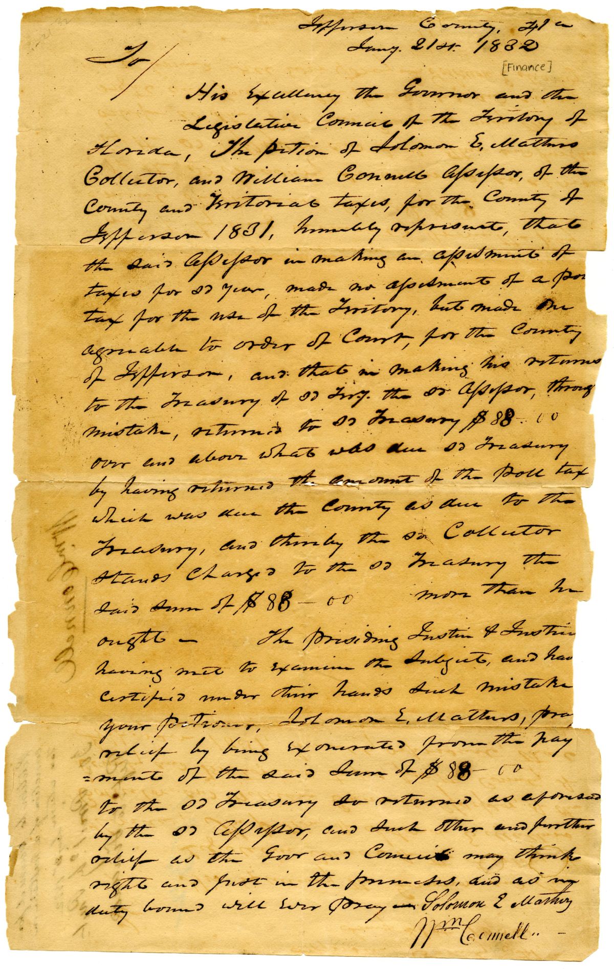 Petition of Solomon E. Mathers and William Connell Requesting Relief from a Tax Return Error, 1832