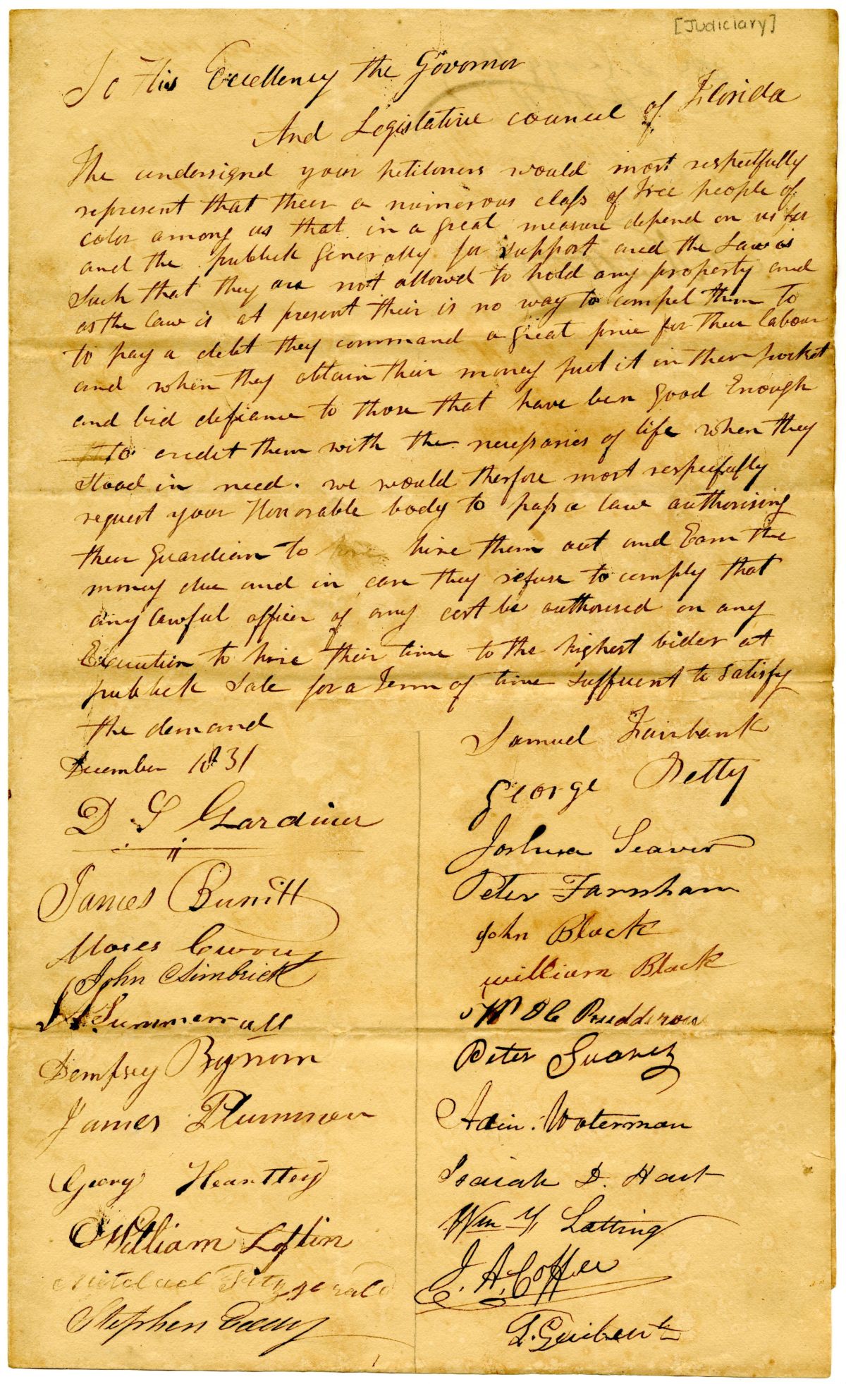 Petition of Citizens to the Territorial Government Requesting an Act to Allow for the Hiring Out of Free Persons of Color, circa 1832