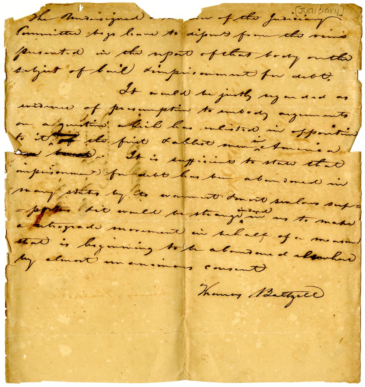 Petition of Thomas Baltzell Requesting that the Subject of Debt Imprisonment Be Removed from a Report, 1832