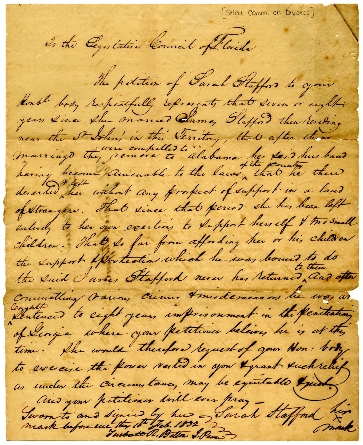 Petition for the Relief of Sarah Stafford, 1832