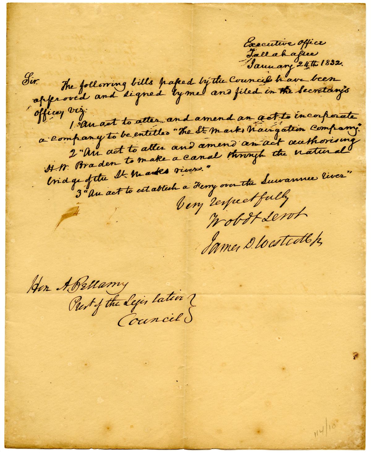 Letter from Acting Governor James D. Westcott to the President of the Territorial Legislative Council Concerning Signed Bills, 1832