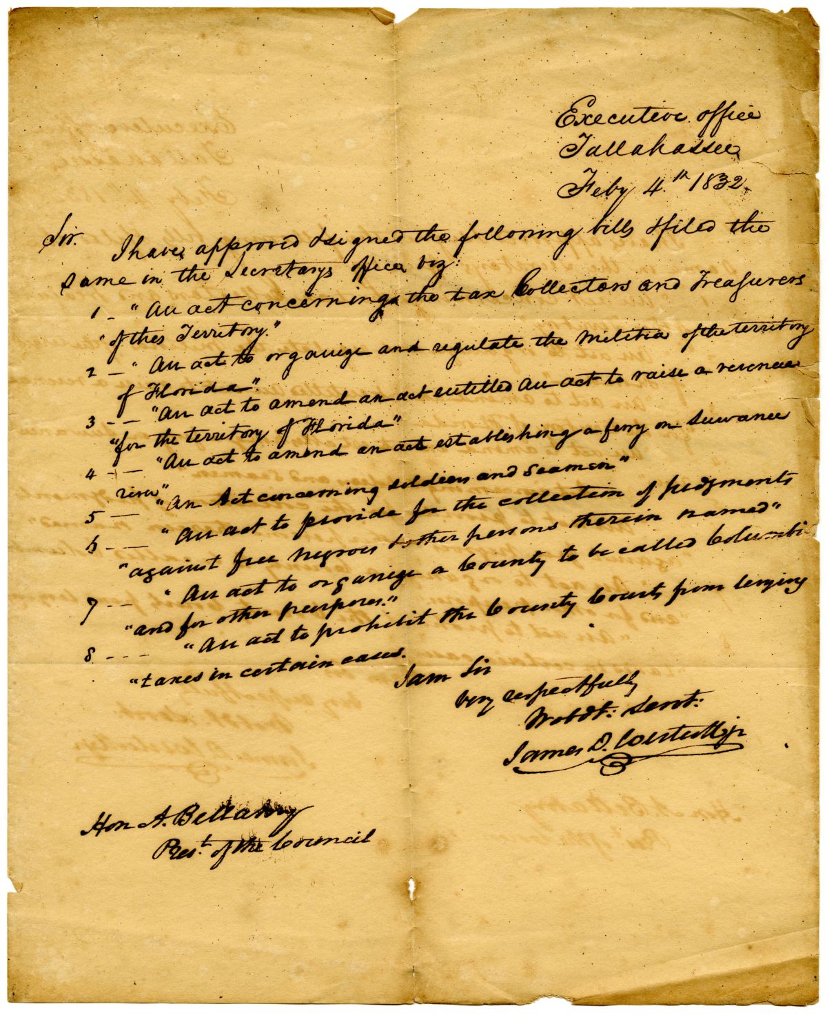 Letter from Acting Governor James D. Westcott to the President of the Territorial Legislative Council Approving Eight Bills, 1832