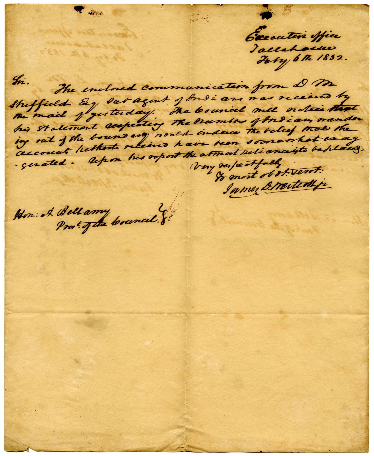 Letter from Acting Governor James D. Westcott Transmitting a Message from the Indian Agent to the Council, 1832