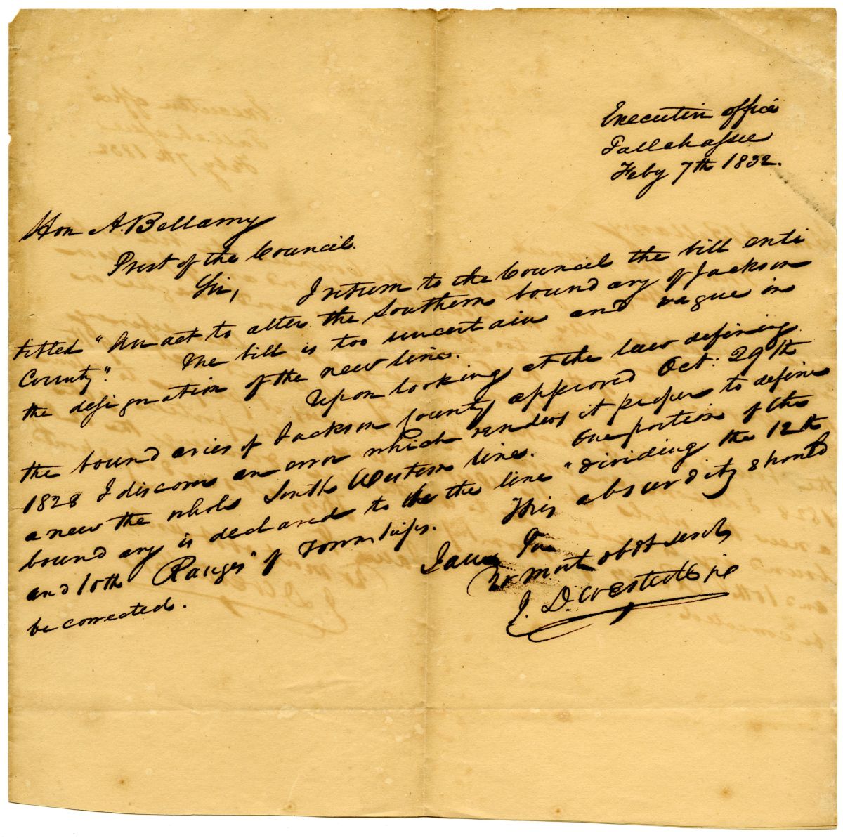 Letter from Acting Governor James D. Westcott Returning a Bill on the Boundary Lines of Jackson County, 1832