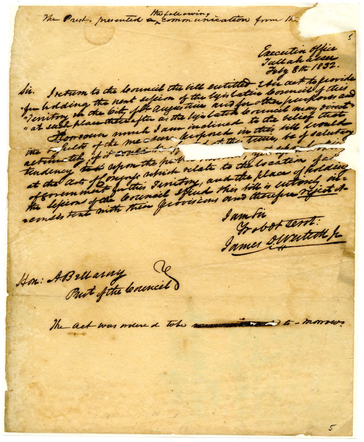 Letter from Acting Governor James D. Westcott Rejecting a Bill to Move the Next Session of the Territorial Legislative Council, 1832