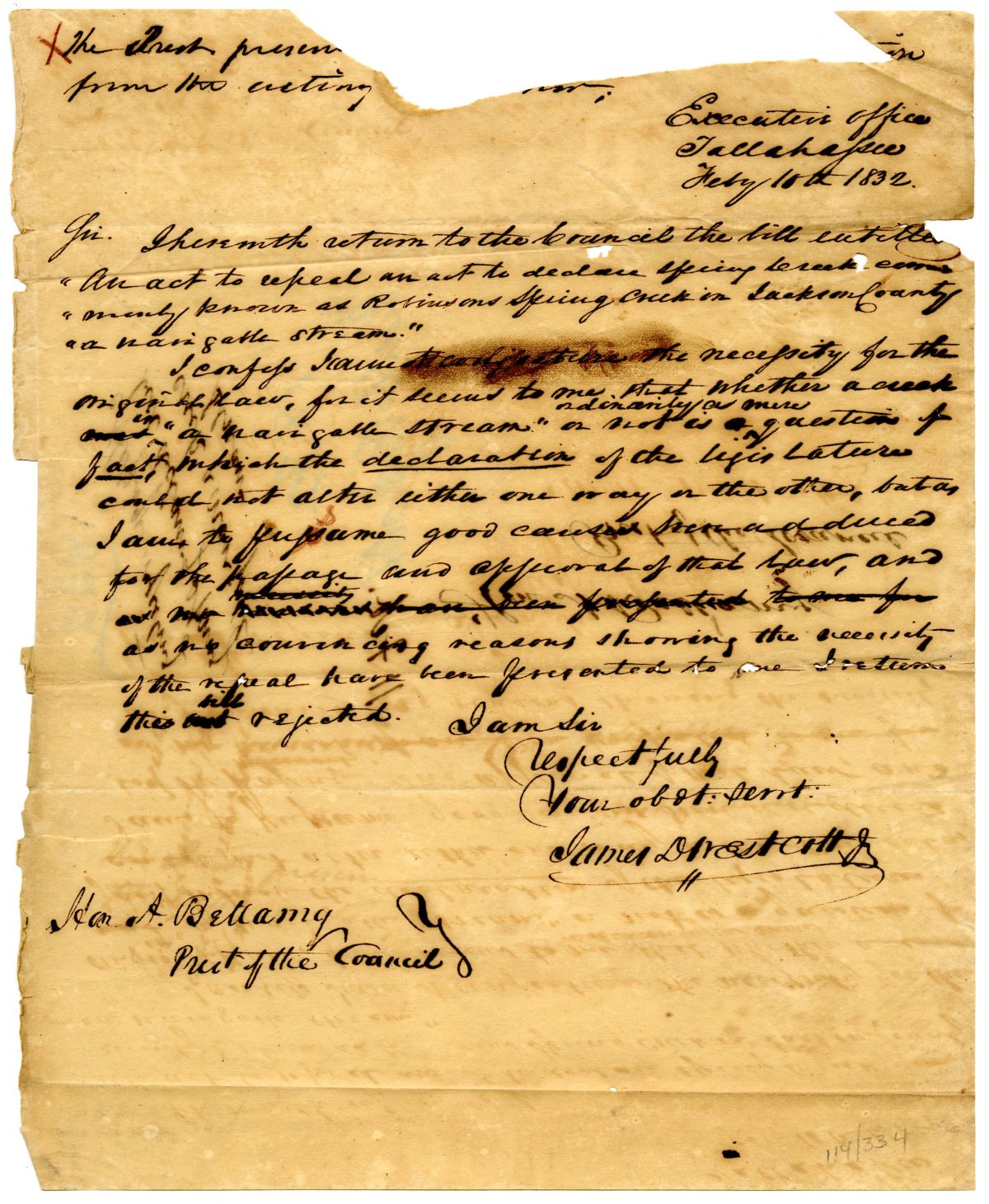 Letter from Acting Governor James D. Westcott Rejecting a Bill to Repeal an Act Declaring Spring Creek a Navigable Stream, 1832