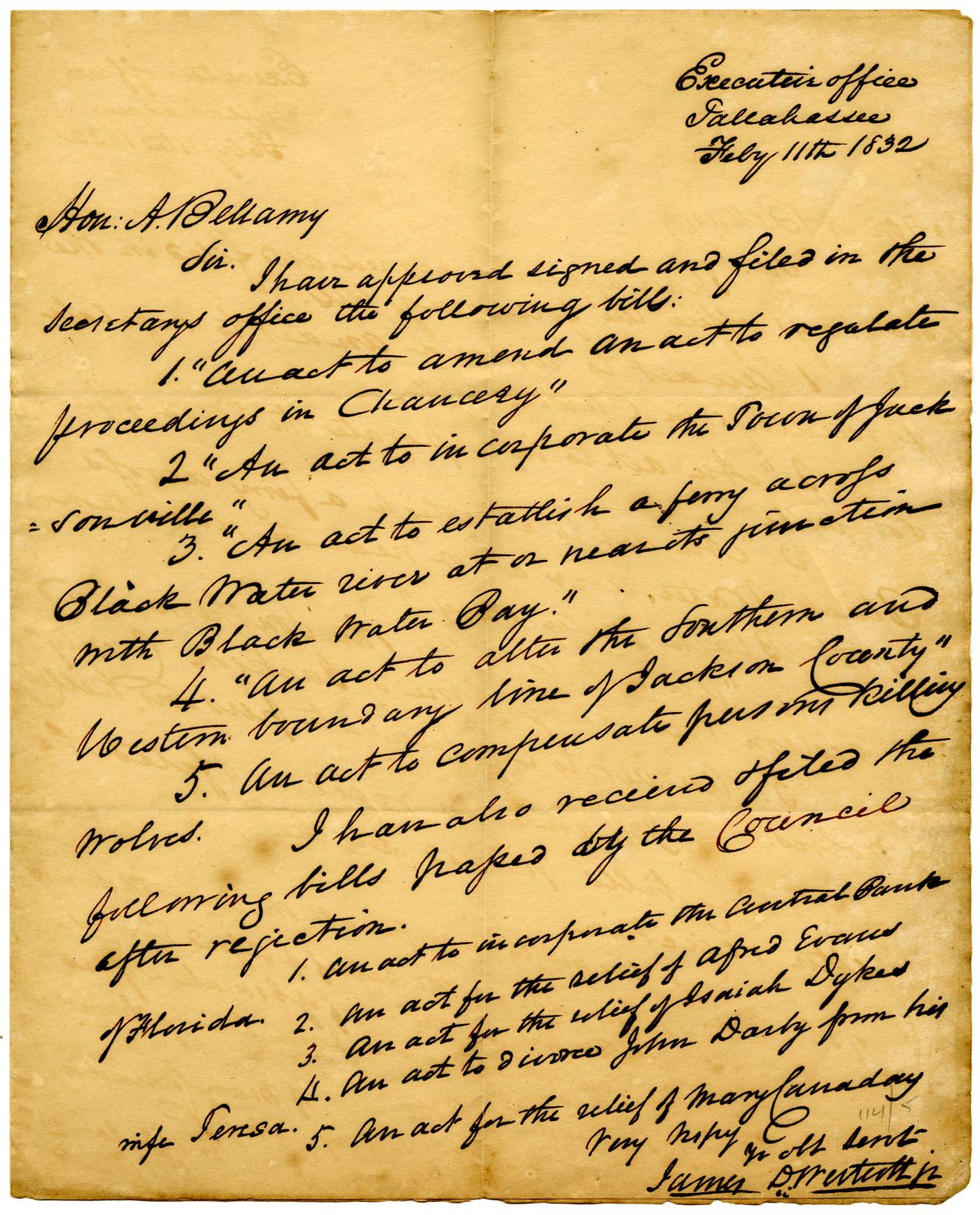 Letter from Acting Governor James D. Westcott to the President of the Territorial Legislative Council Concerning Filed Bills, 1832