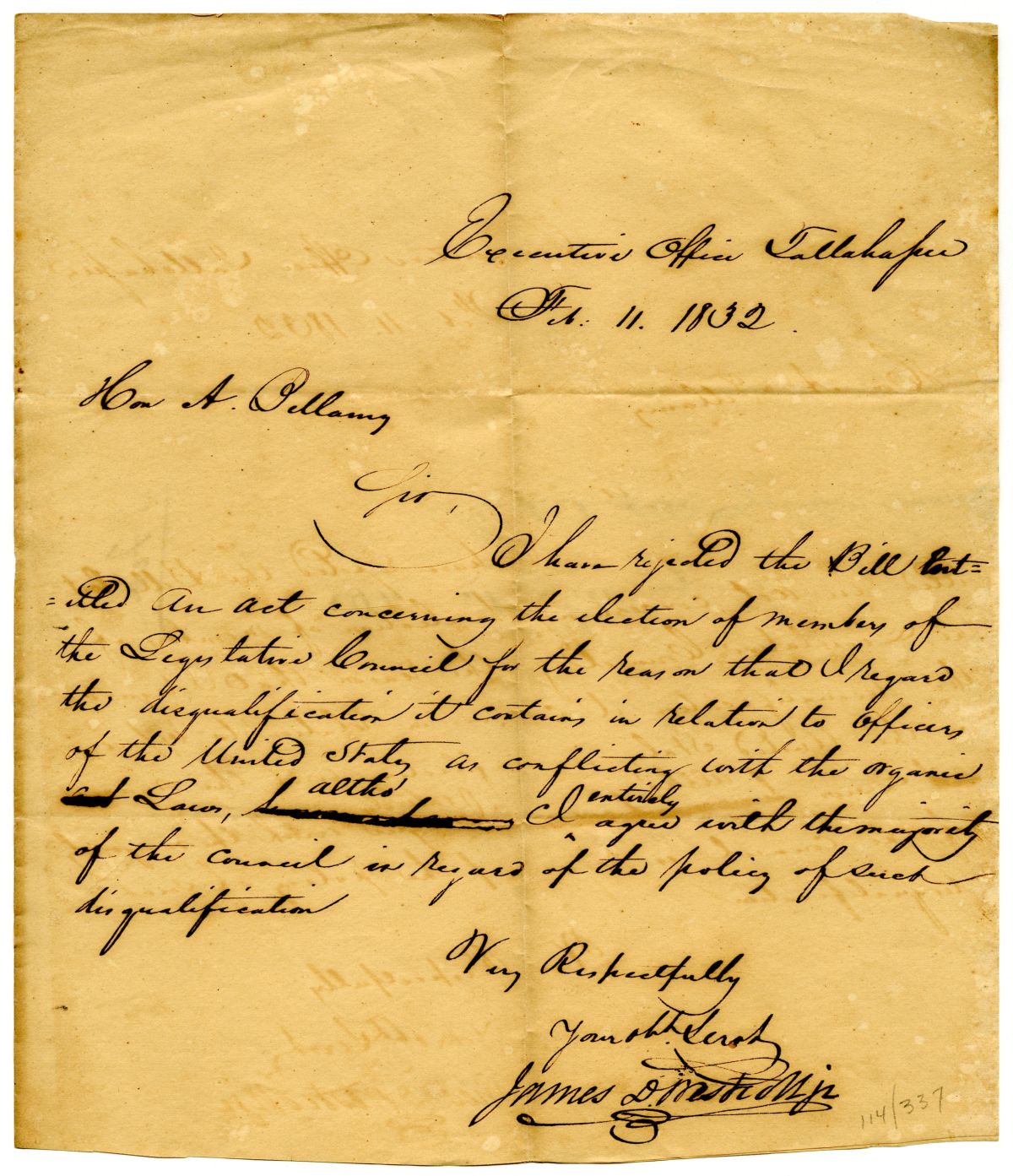 Letter from Acting Governor James D. Westcott Rejecting an Act Concerning the Election of Members of the Council, 1832