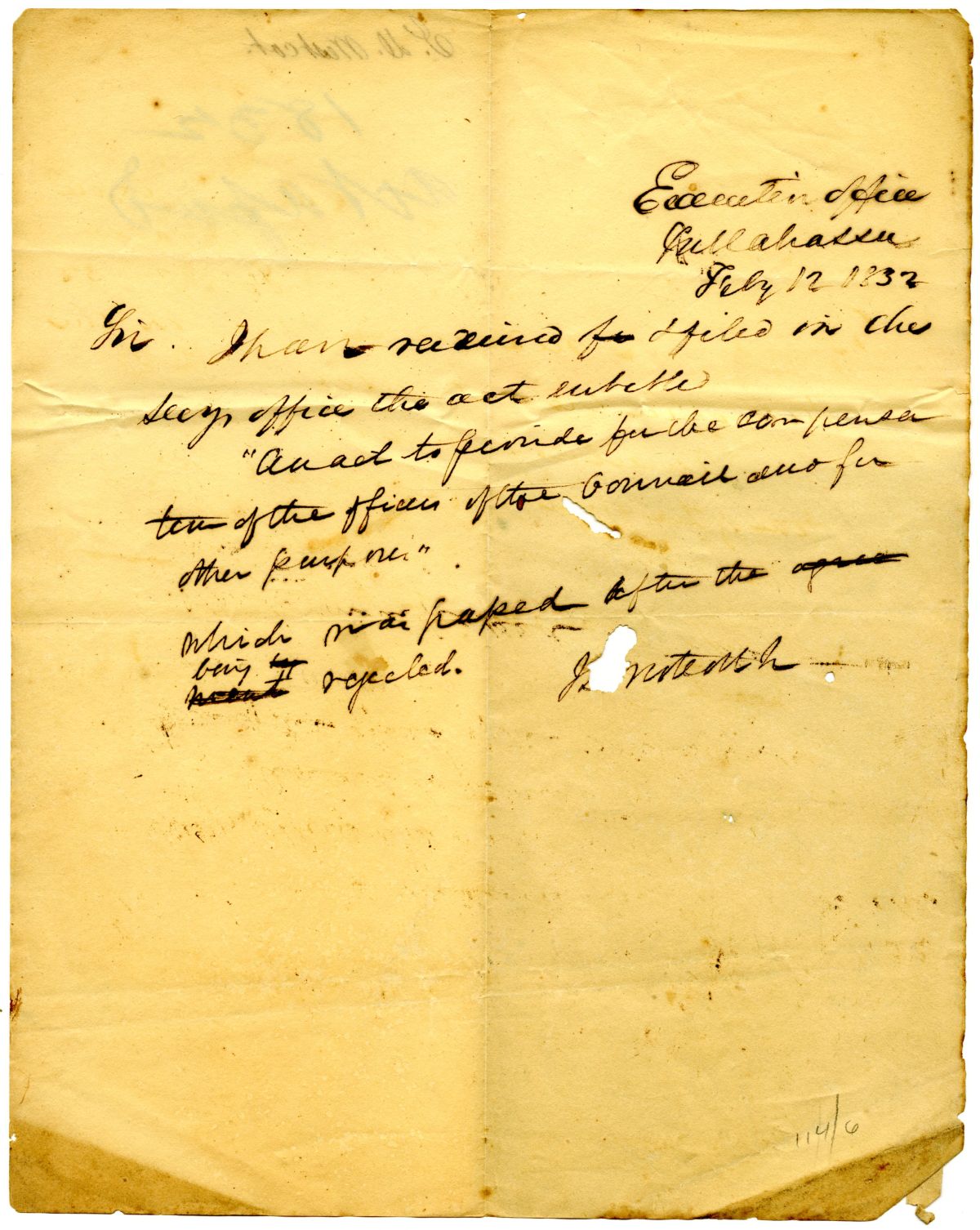 Letter from Acting Governor James D. Westcott Filing an Act to Provide Compensation for Officers of the Council, 1832