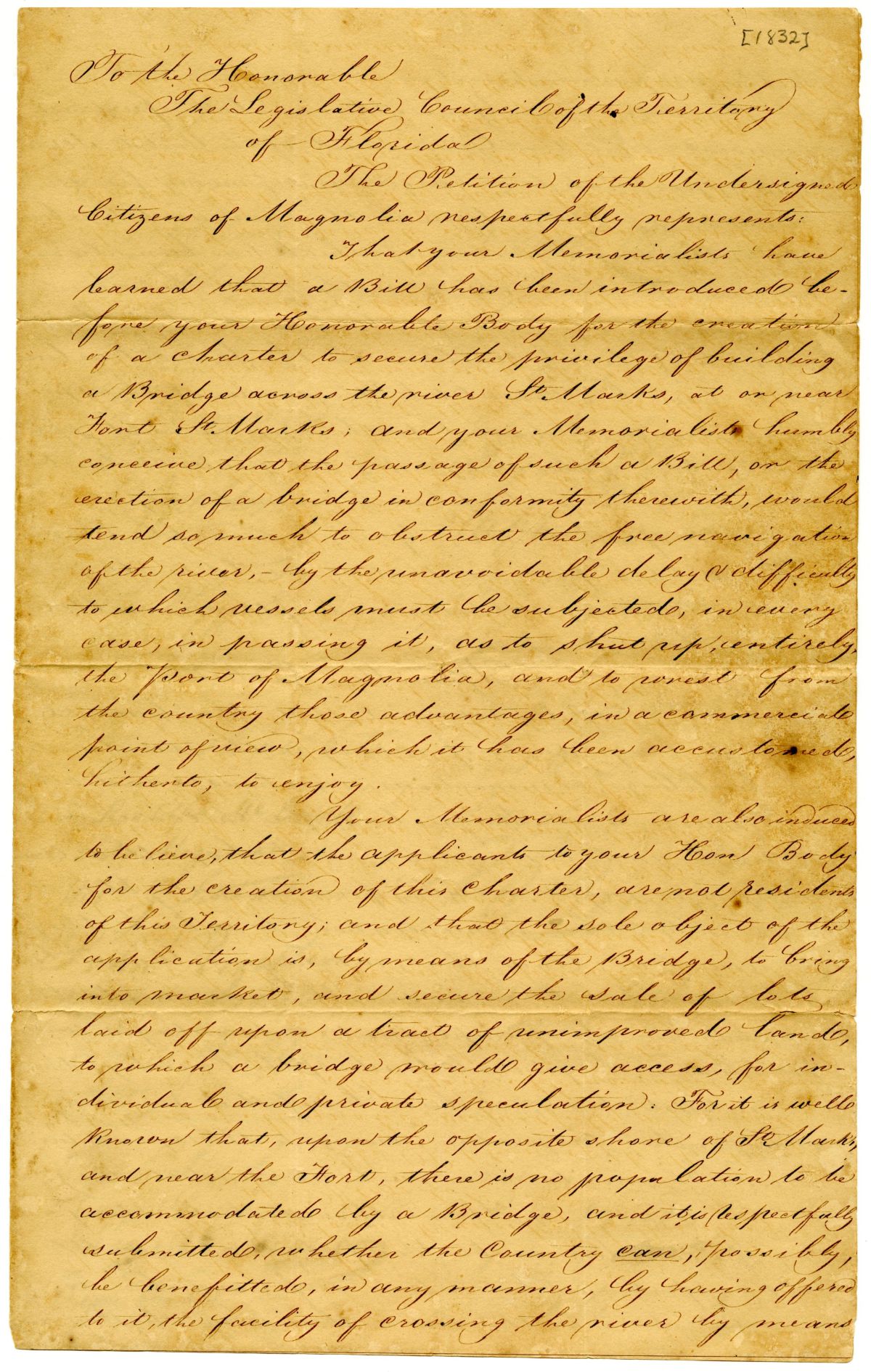 Petition of Citizens of Magnolia Protesting the Construction of a Bridge over the Saint Marks River, circa 1832