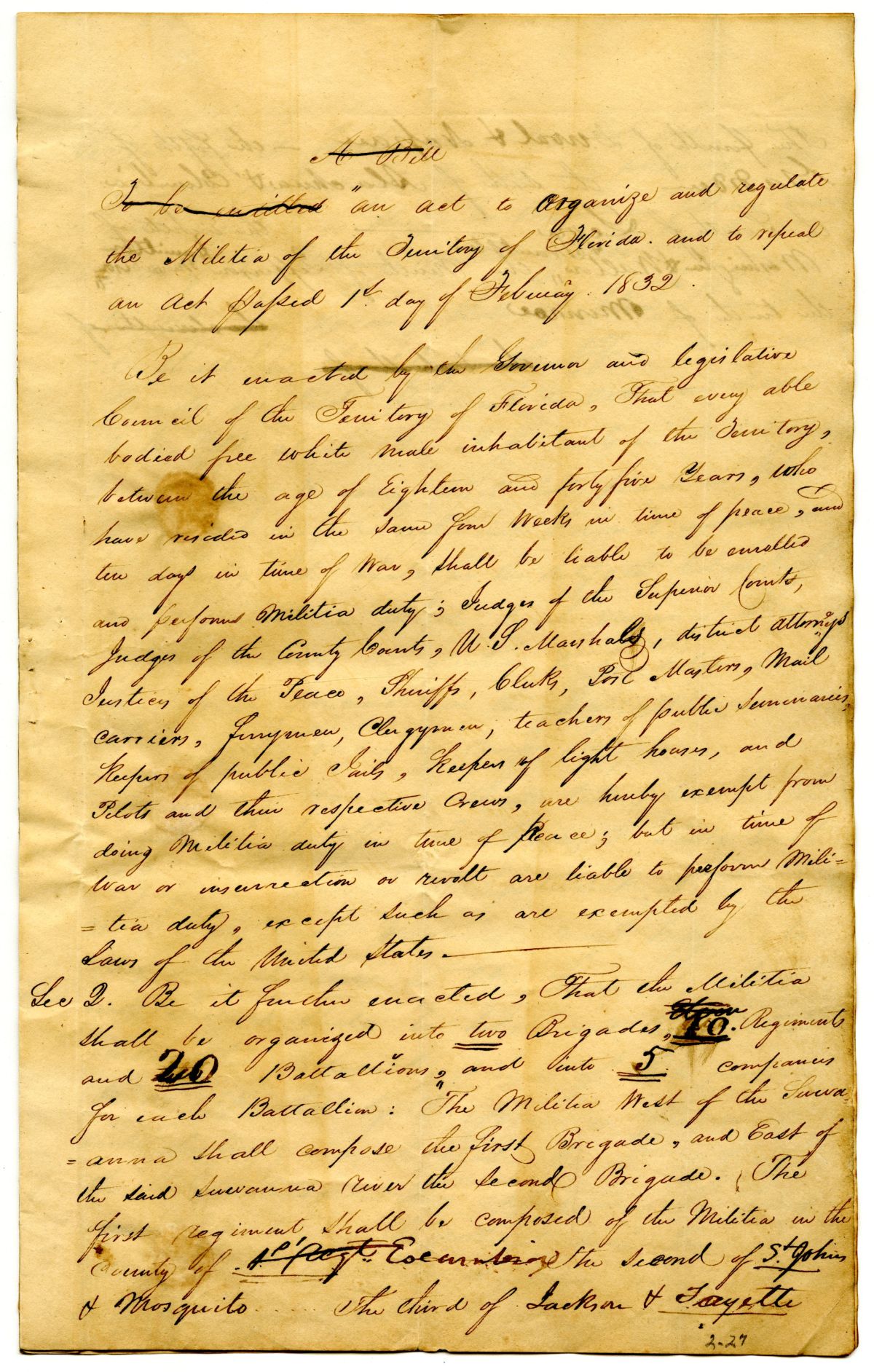 Draft of an Act to Organize and Regulate the Militia of the Territory of Florida, 1832