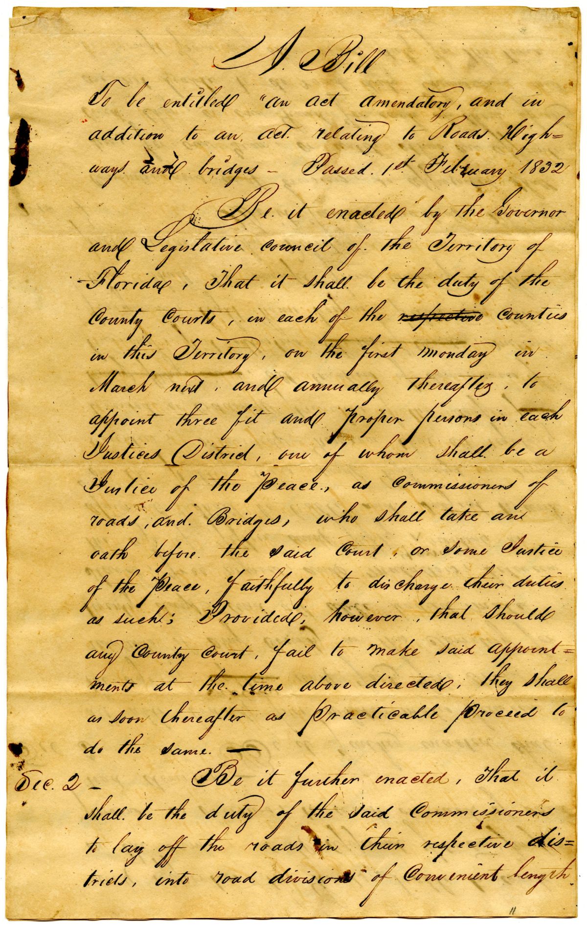 Draft of an Act Amendatory and in Addition to an Act Relating to Roads, Highways and Bridges, 1832