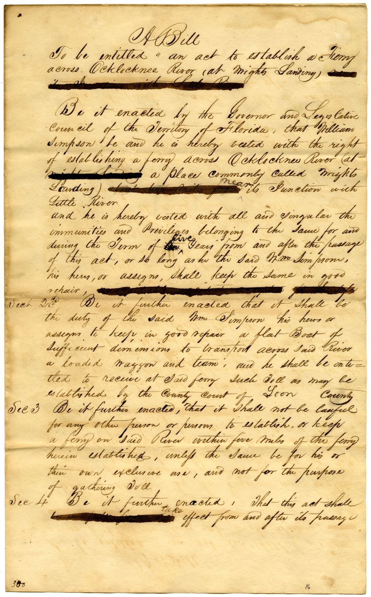 Draft of an Act to Establish a Ferry Across the Ochlockonee River at Wright's Landing, 1833