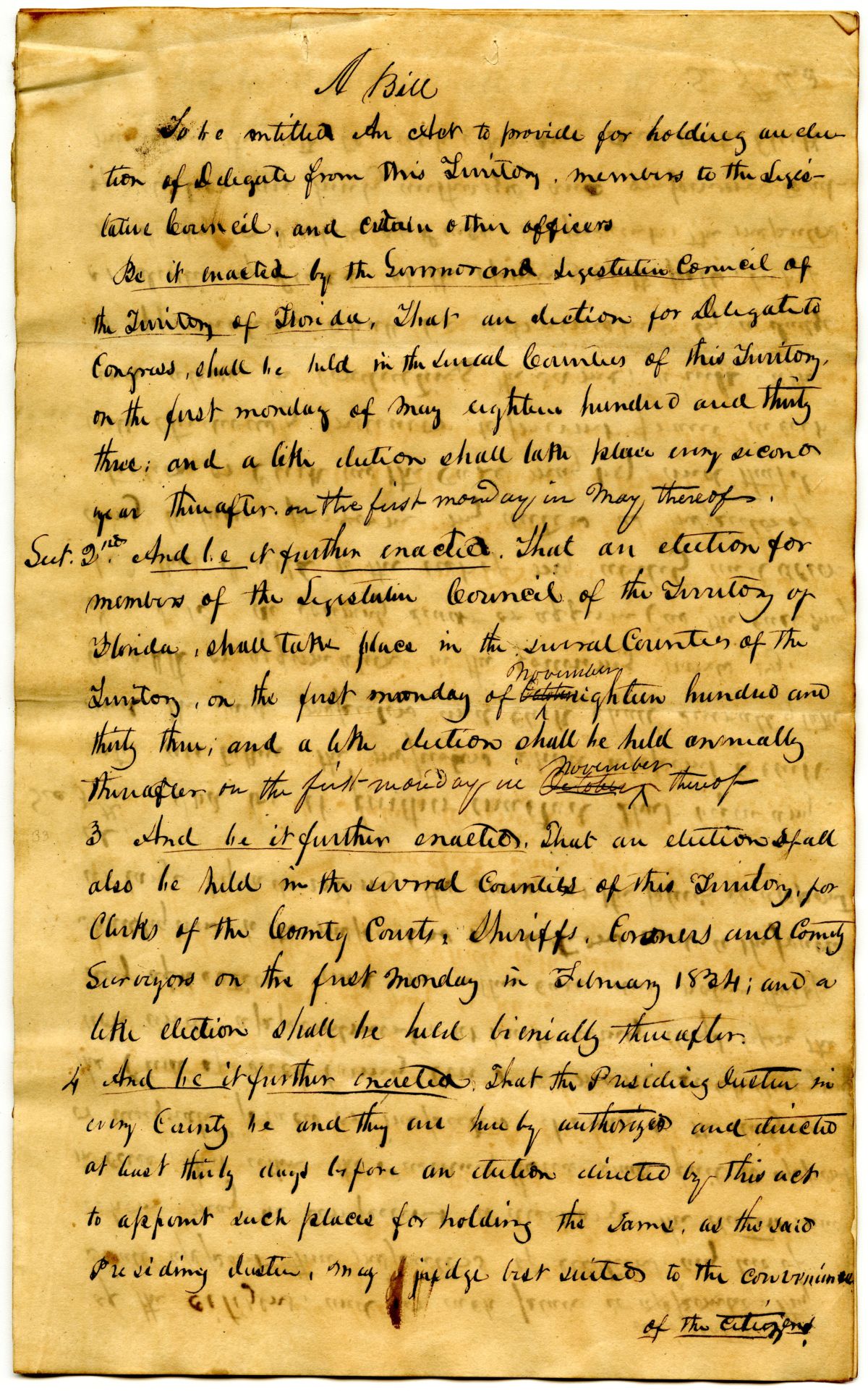 Draft of an Act to Hold Elections for Delegate, Councilmen and Other Officers, 1833