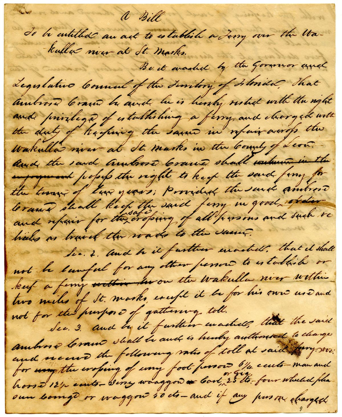 Draft of an Act to Establish a Ferry over the Wakulla River at Saint Marks, 1833