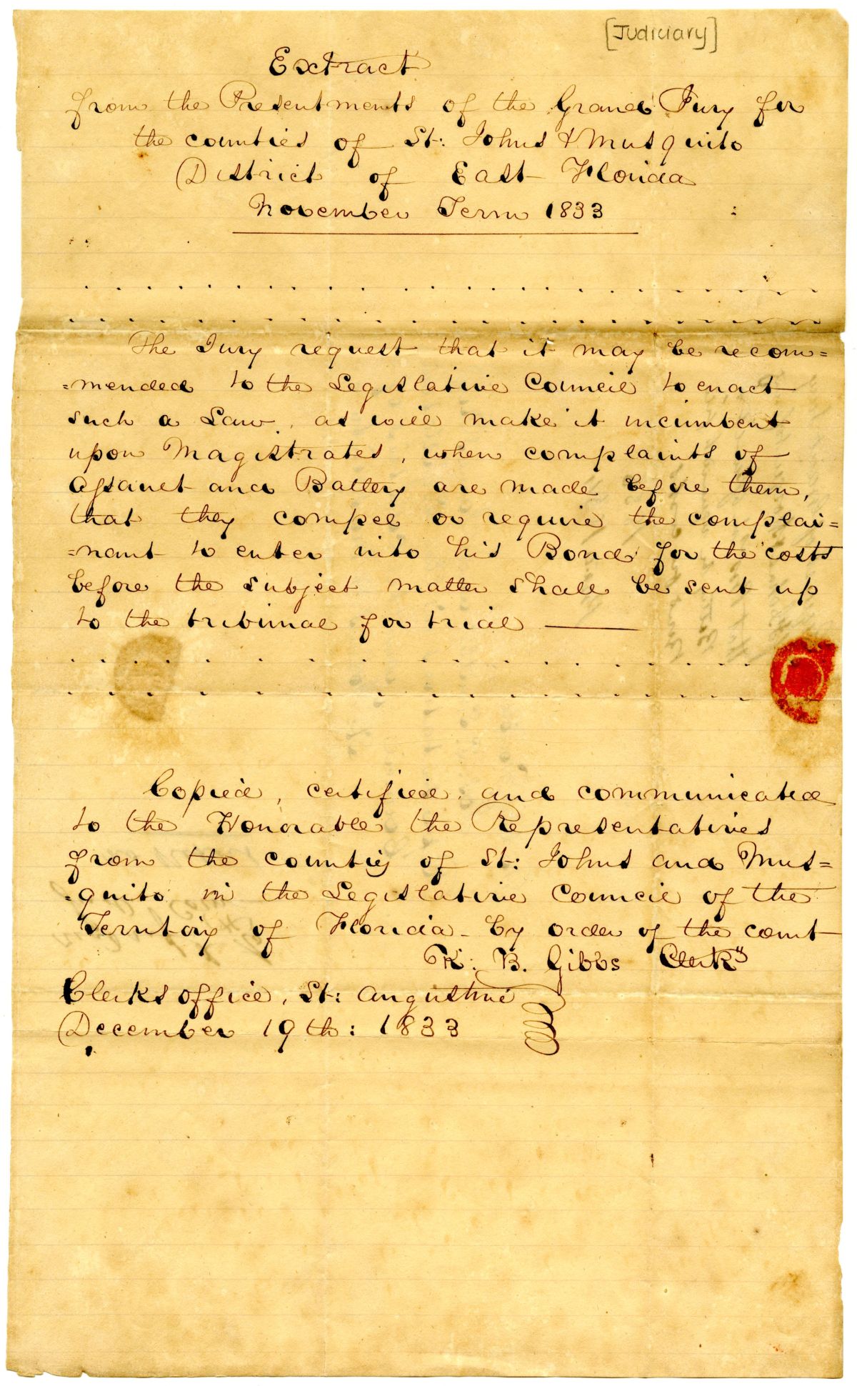 Extract from the Presentment of the Grand Jury for Saint Johns and Mosquito Counties, 1833