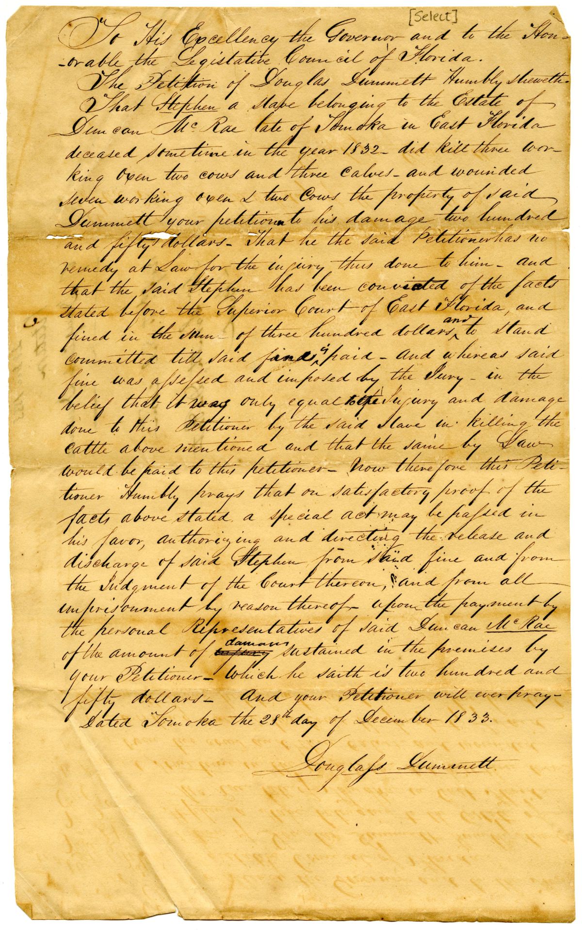 Petition of Douglass Dummett Requesting Payment for Livestock Killed by a Slave, 1833