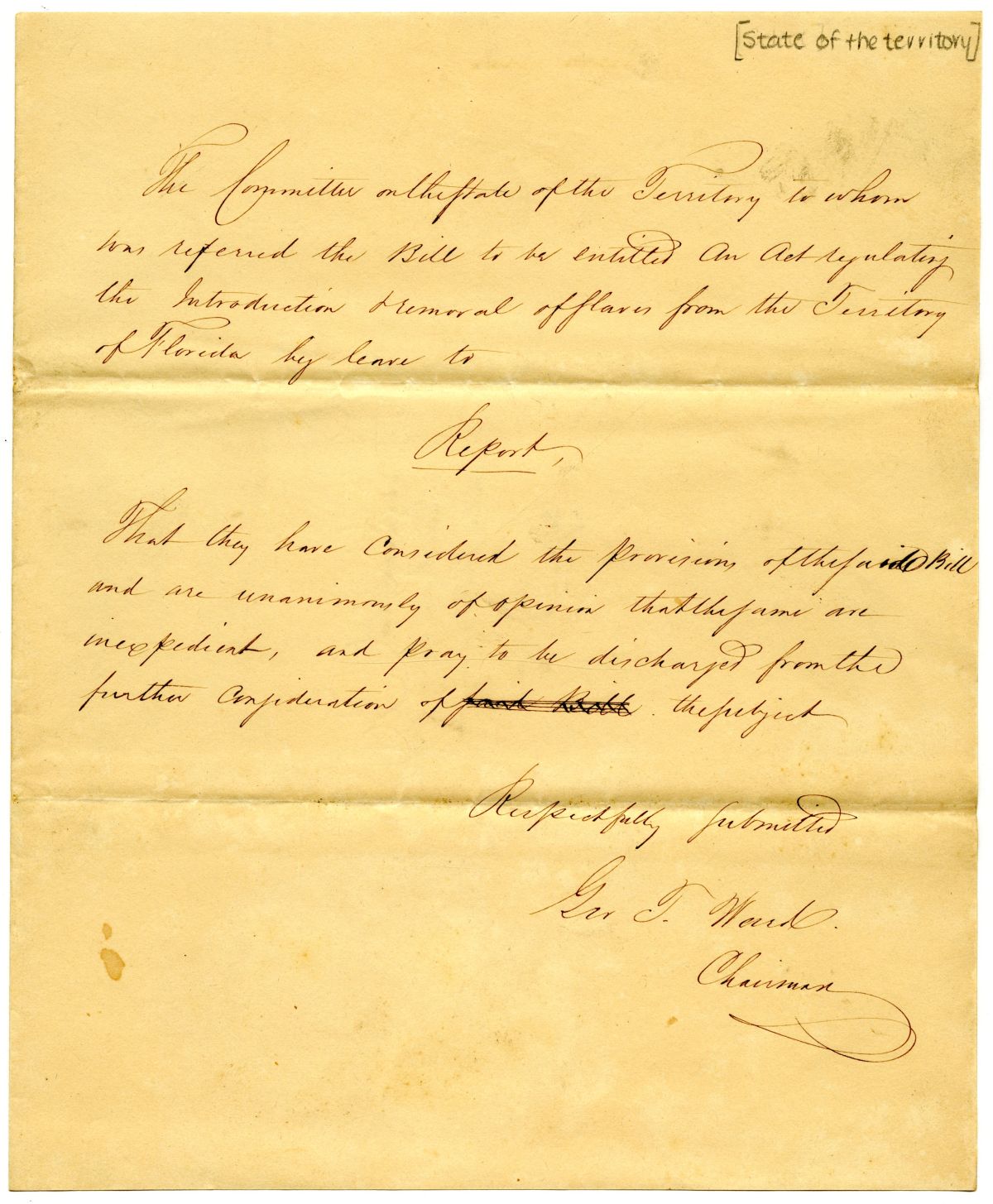 Report of the Committee on the State of the Territory Concerning an Act on the Introduction of Enslaved Persons into the Territory, 1833