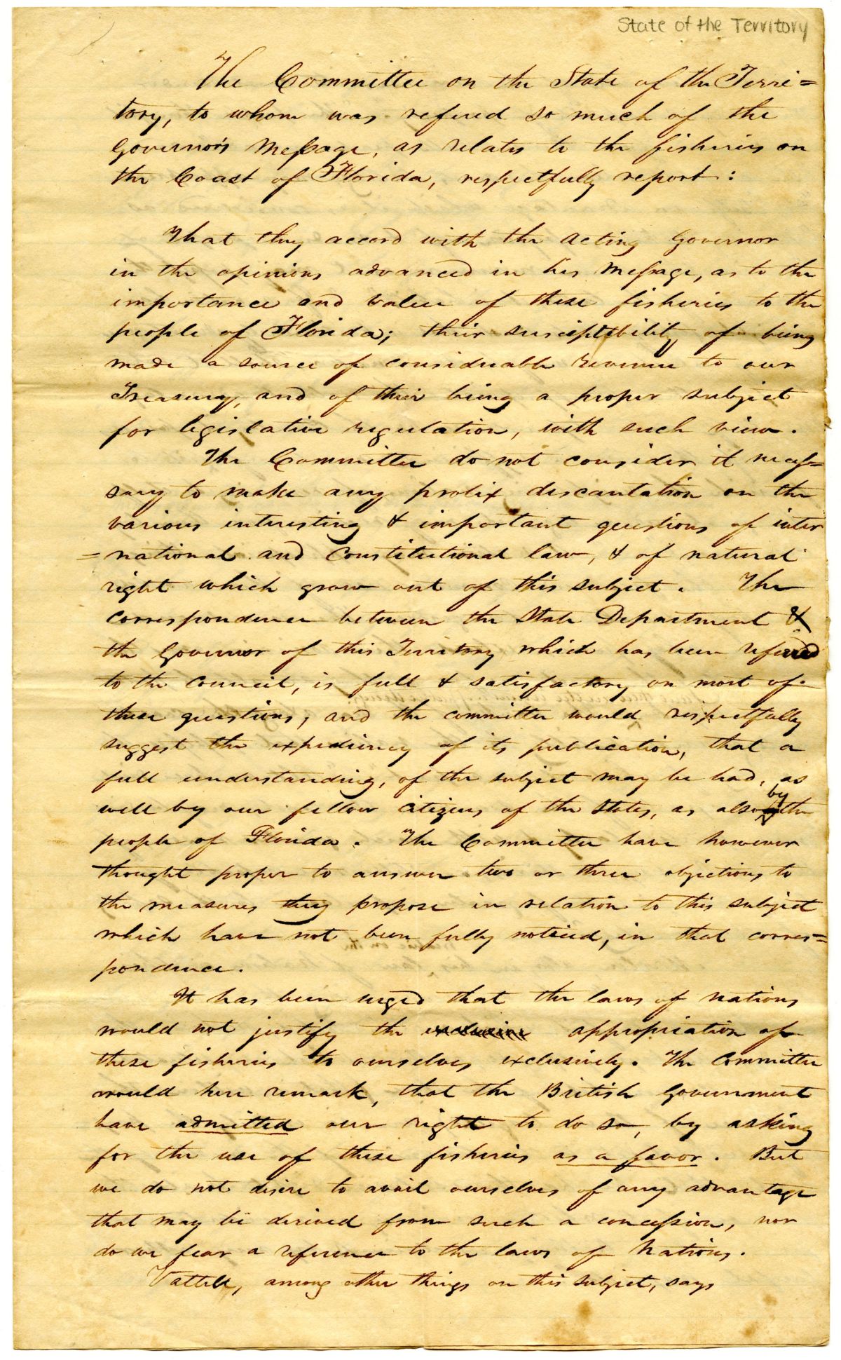 Report of the Committee on the State of the Territory Concerning Fisheries, circa 1833