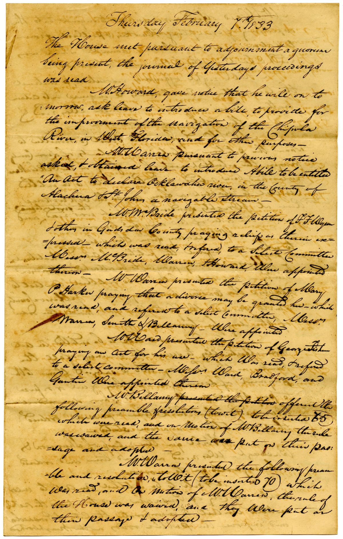 Minutes of the Florida Territorial Legislative Council - February 7, 1833