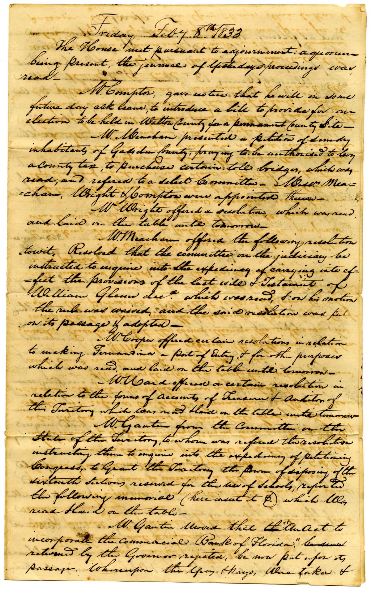 Minutes of the Florida Territorial Legislative Council - February 8, 1833