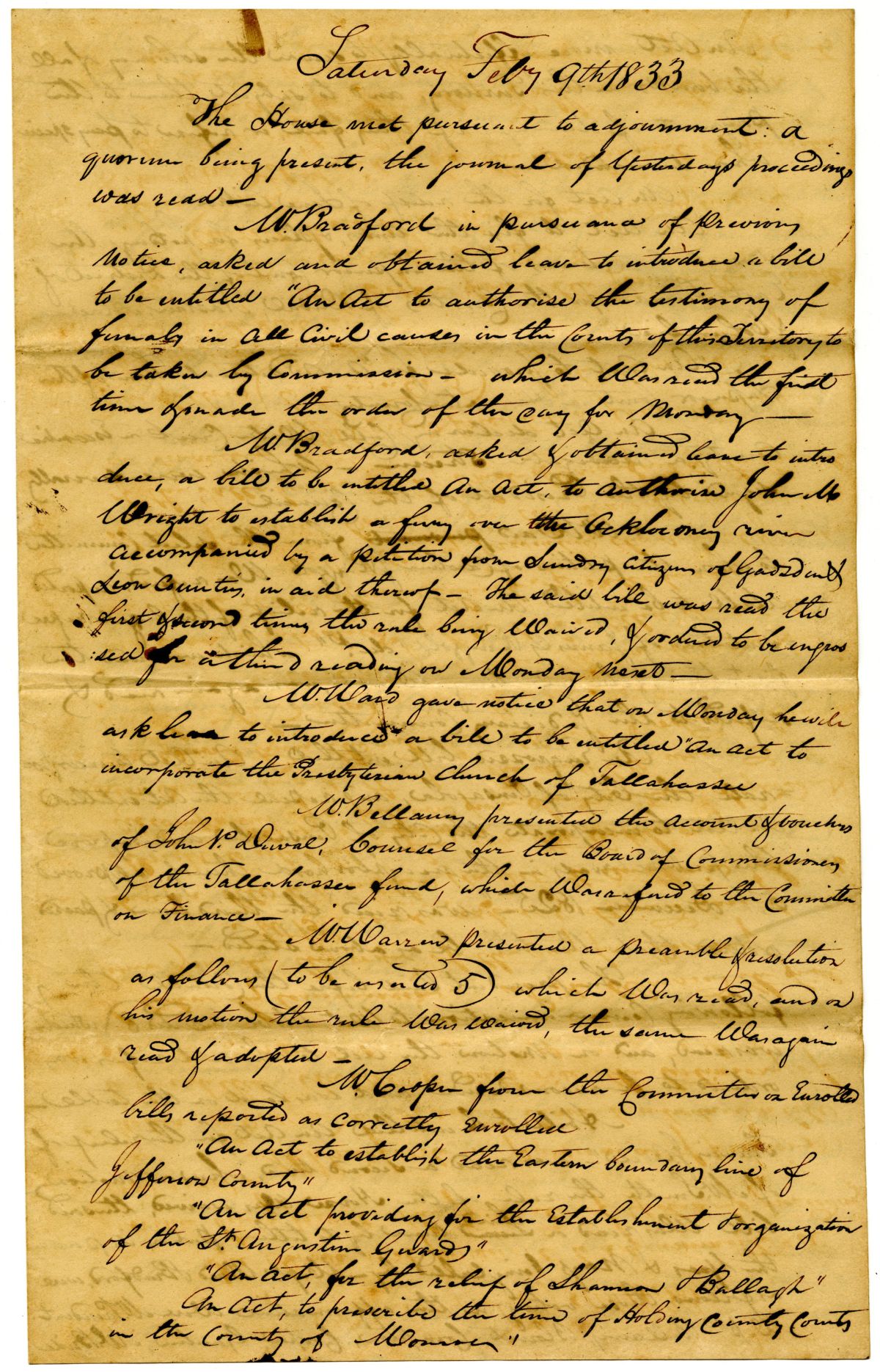 Minutes of the Florida Territorial Legislative Council - February 9, 1833