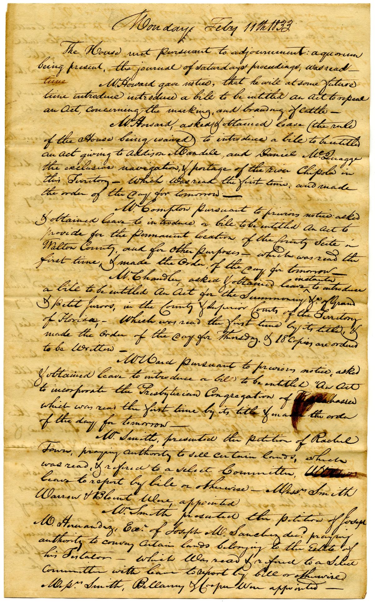 Minutes of the Florida Territorial Legislative Council - February 11, 1833