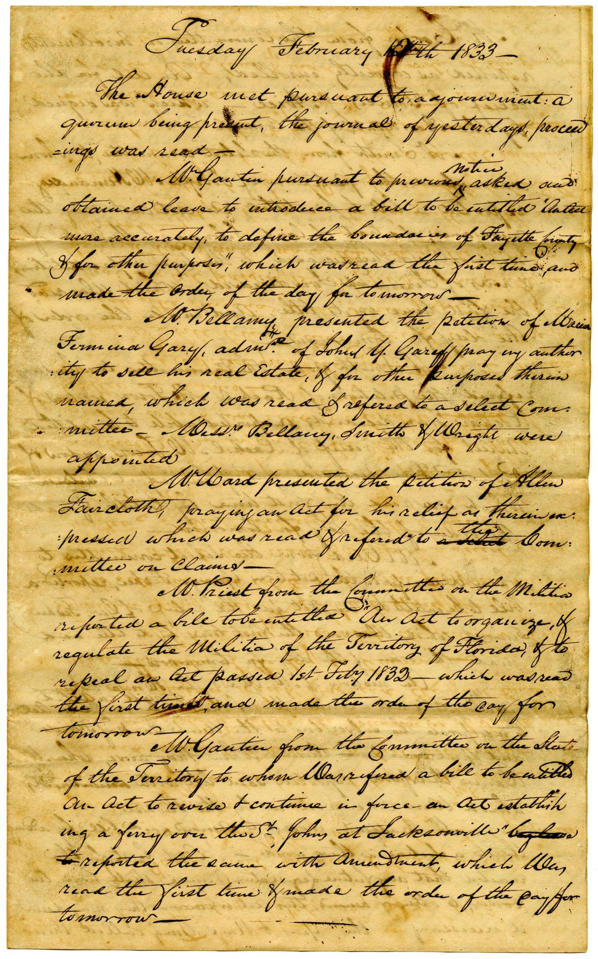 Minutes of the Florida Territorial Legislative Council - February 12, 1833