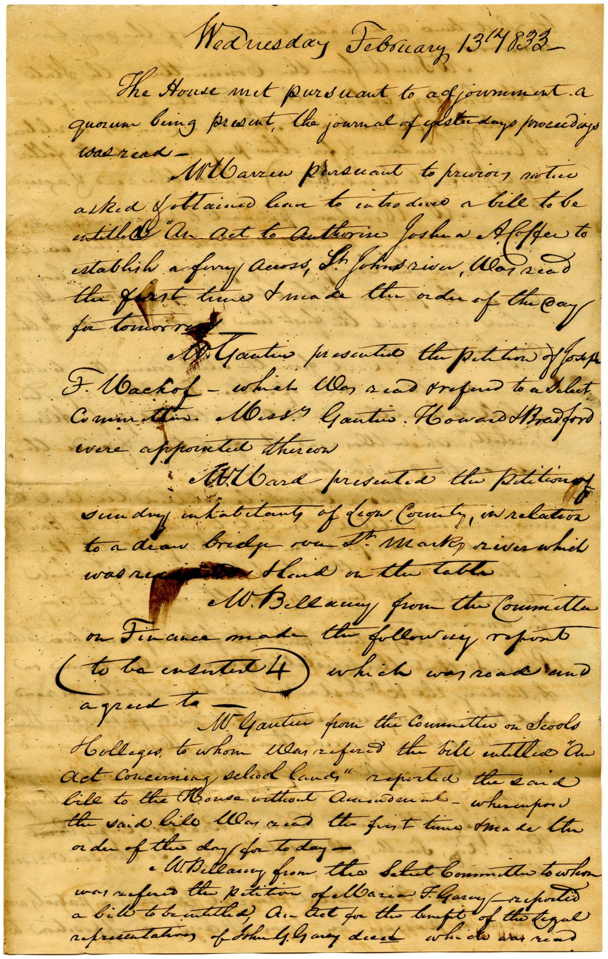 Minutes of the Florida Territorial Legislative Council - February 13, 1833